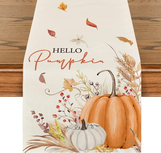 Artoid Mode Hello Pumpkin Flowers Leaves Thanksgiving Table Runner, Seasonal Fall Harvest Vintage Kitchen Dining Table Decoration for Indoor Outdoor Home Party Decor 13 x 108 Inch