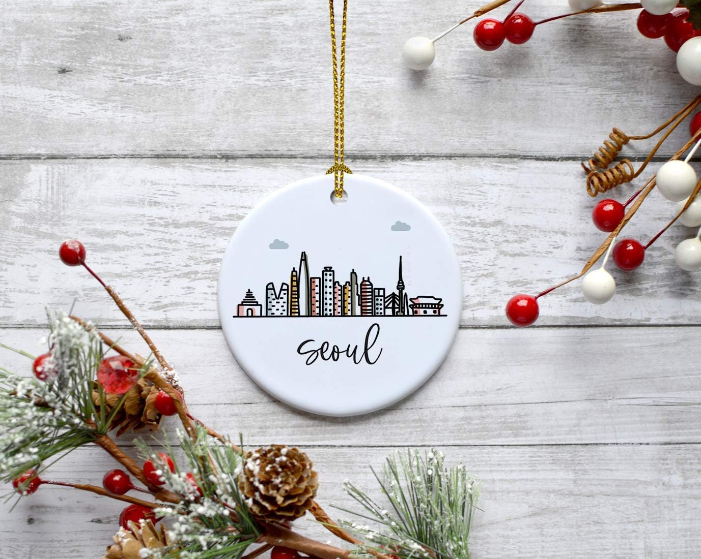 Andaz Press Round Ceramic Porcelain Christmas Tree Ornament Keepsake Gift, Seoul, Colorful International City Skyline Graphic, 1-Pack, Birthday Ideas Family Coworker Him Her, Gift Box