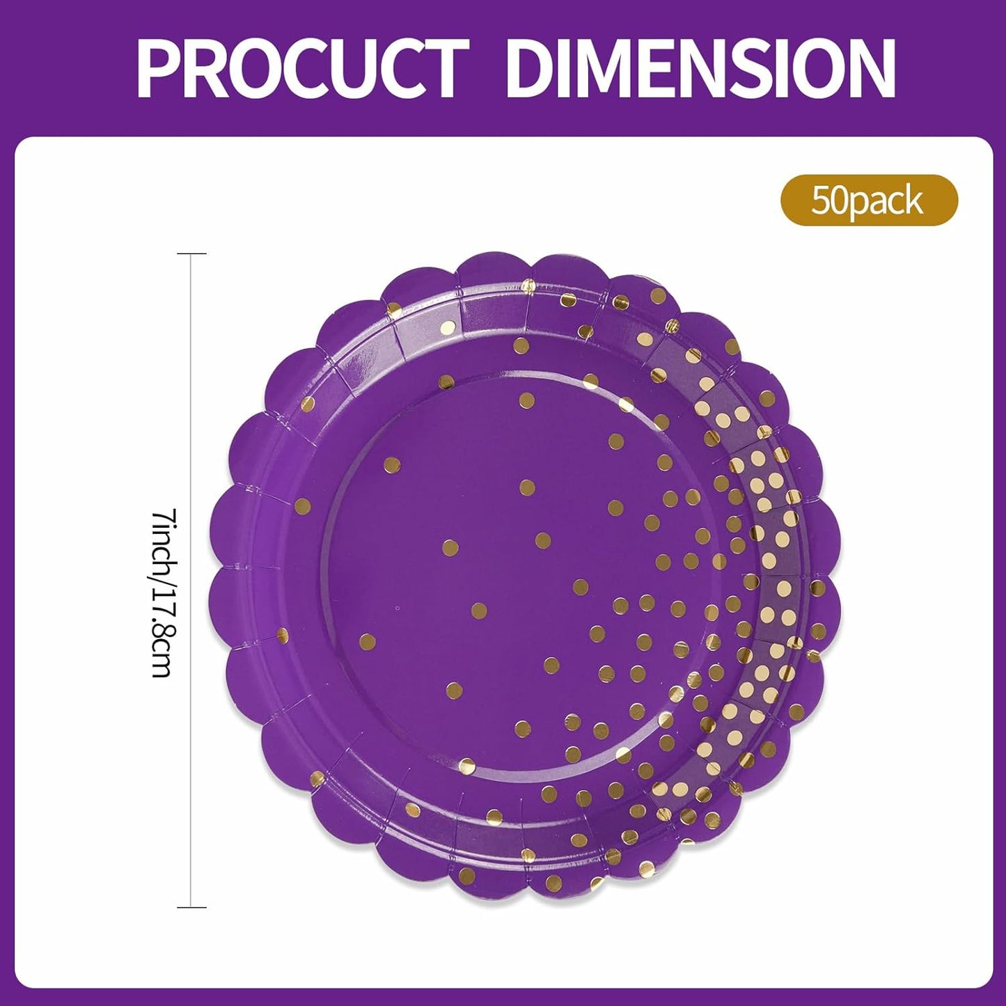 50PCS Purple Paper Plates, 7 Inch Scalloped Purple and Gold Party Plates Disposable Foil Polka Dots Dessert Plate Cake Plate for Wedding Baby Shower Birthday Anniversary Bachelorette Dinner BBQ