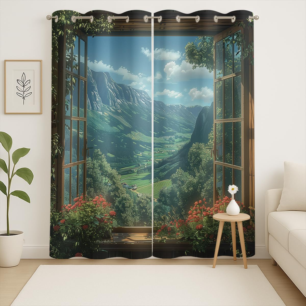 Mountain Blackout Curtains for Girls Boys Teens Home Decor, Spring Sky View Nature Forest Flower Grommet Thermal Insulated Drapes Darkening Window Curtain for Bedroom Living Room, 42 x 63 Inch