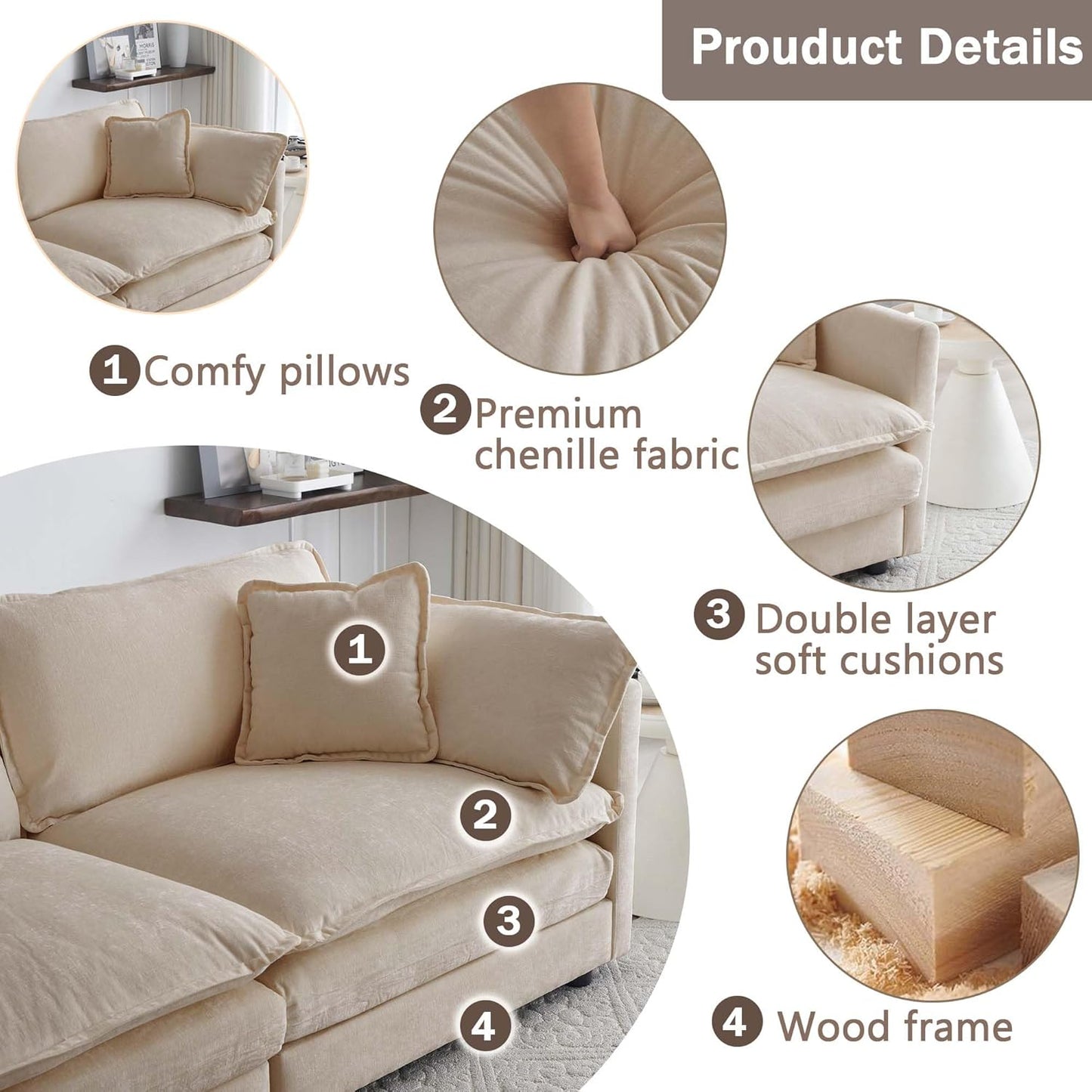 Sectional Sofa 3 Seater with Movable 2 Ottomans,Oversized Modular Couch Deep Seat (Light Coffee, 111.5 inch-U)