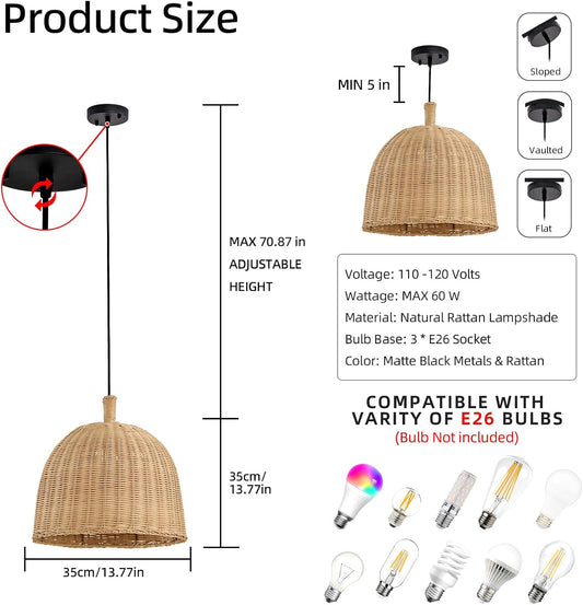 3-Light Rattan Pendant Light,13.77" Rustic Oval Hanging Light,Wicker Pendant Light Hand-Woven Rattan Chandelier for Public Place Dining Living Bedroom Kitchen Farmhouse