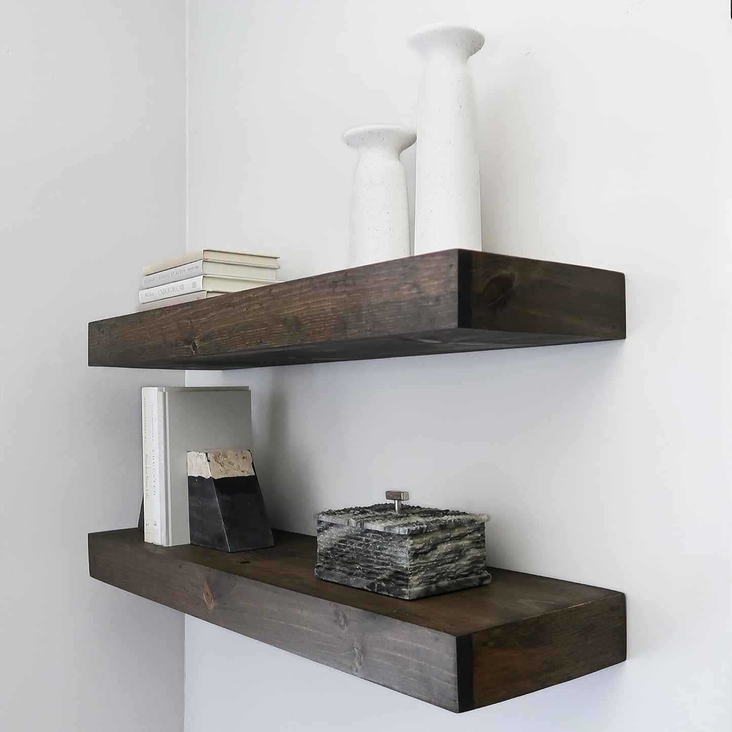 Modern Floating Shelves 3 Inches Thick for Wall, Wide Shelves for Kitchen, Living Room, Bedroom, and Bathroom, Natural Pine Wood, Rustic Wooden Shelf, (Set of 2) (Jacobean, 36Lx3Hx6D)