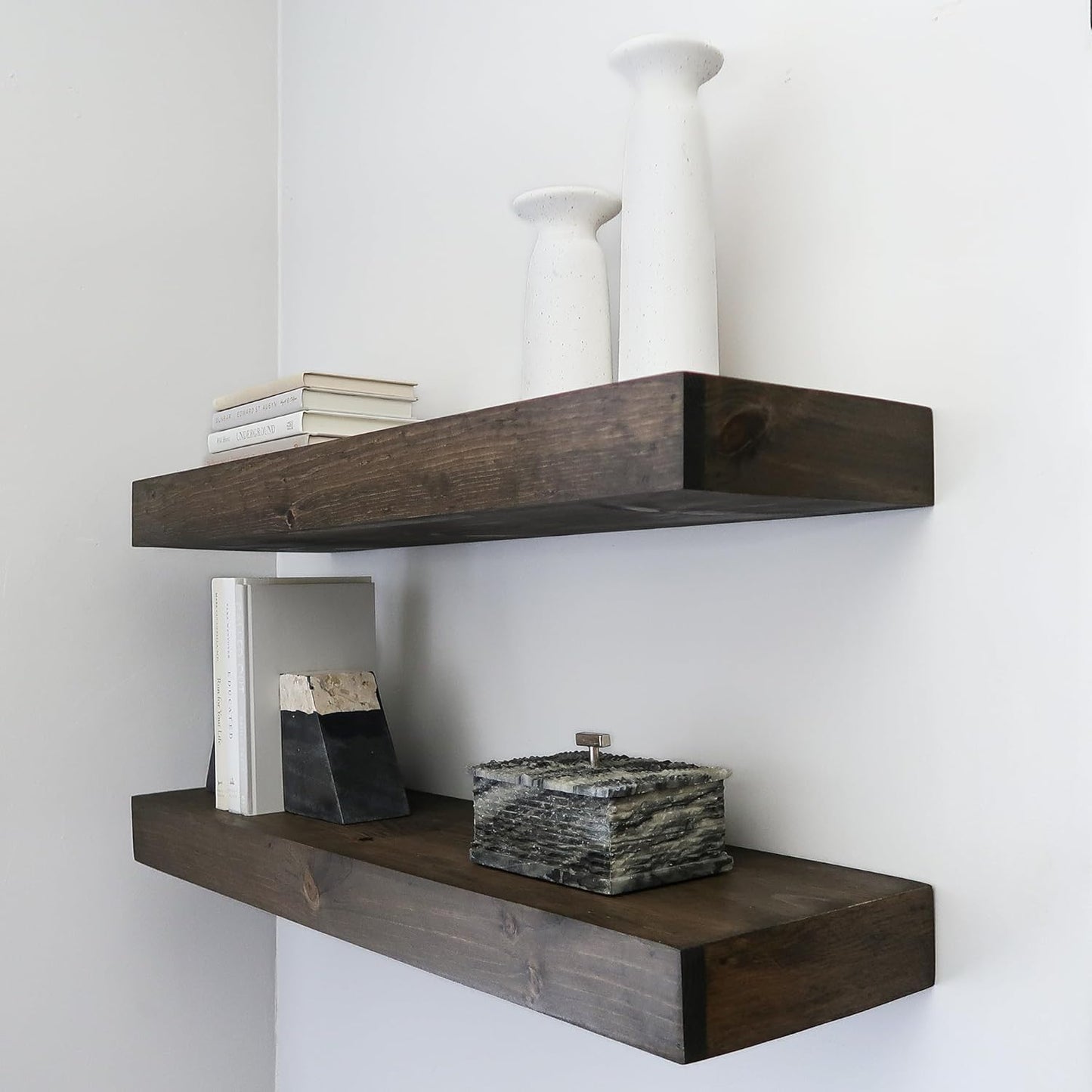 Modern Floating Shelves 3 Inches Thick for Wall, Wide Shelves for Kitchen, Living Room, Bedroom, and Bathroom, Natural Pine Wood, Rustic Wooden Shelf, (Set of 2) (Jacobean, 48Lx3Hx8D)