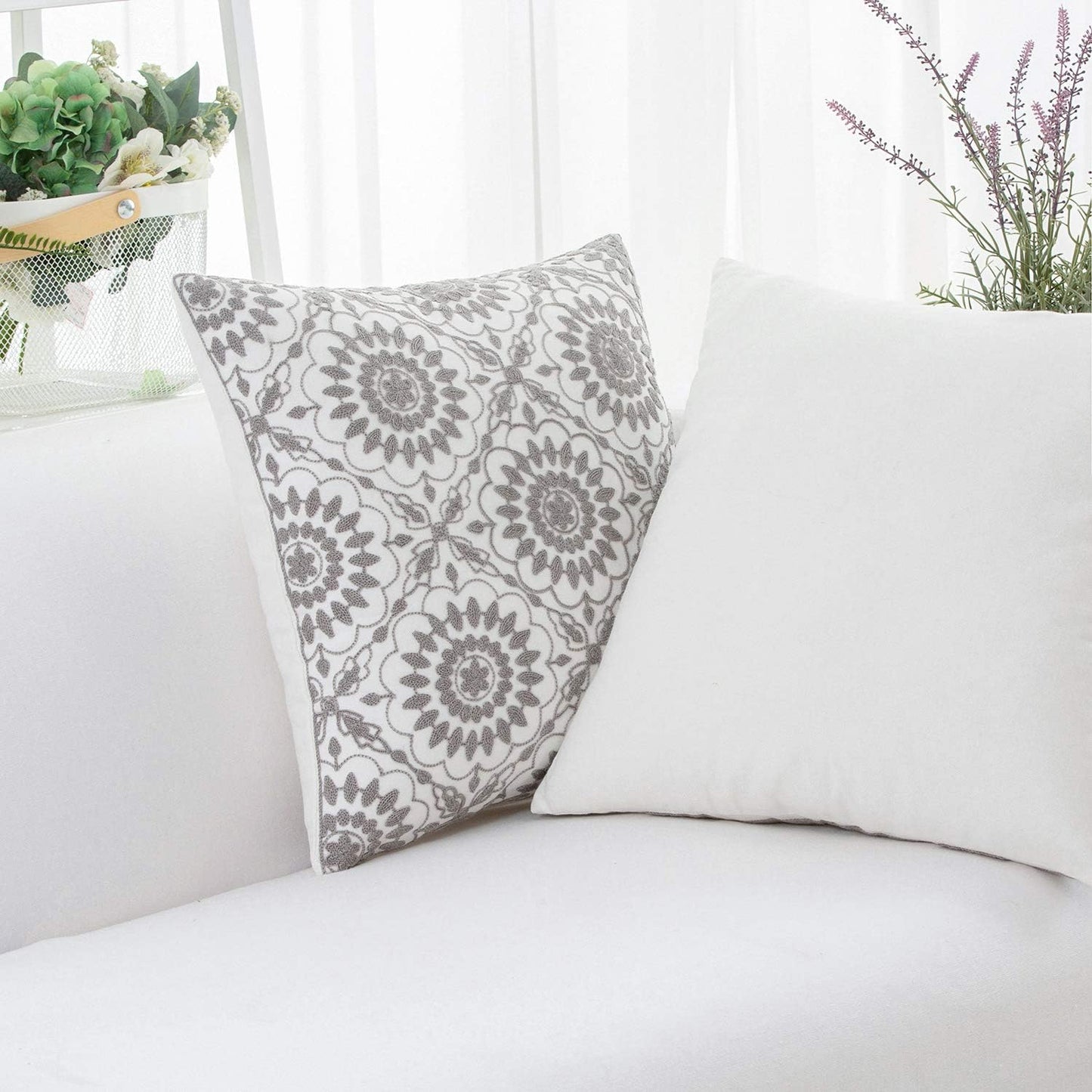 HWY 50 Gray Grey Decorative Throw Pillow Covers 18x18 Inch (1 Piece), Embroidered Cotton Farmhouse Cushion Cover Pillow Case for Sofa Couch Living Room Bed, Little Sunflower