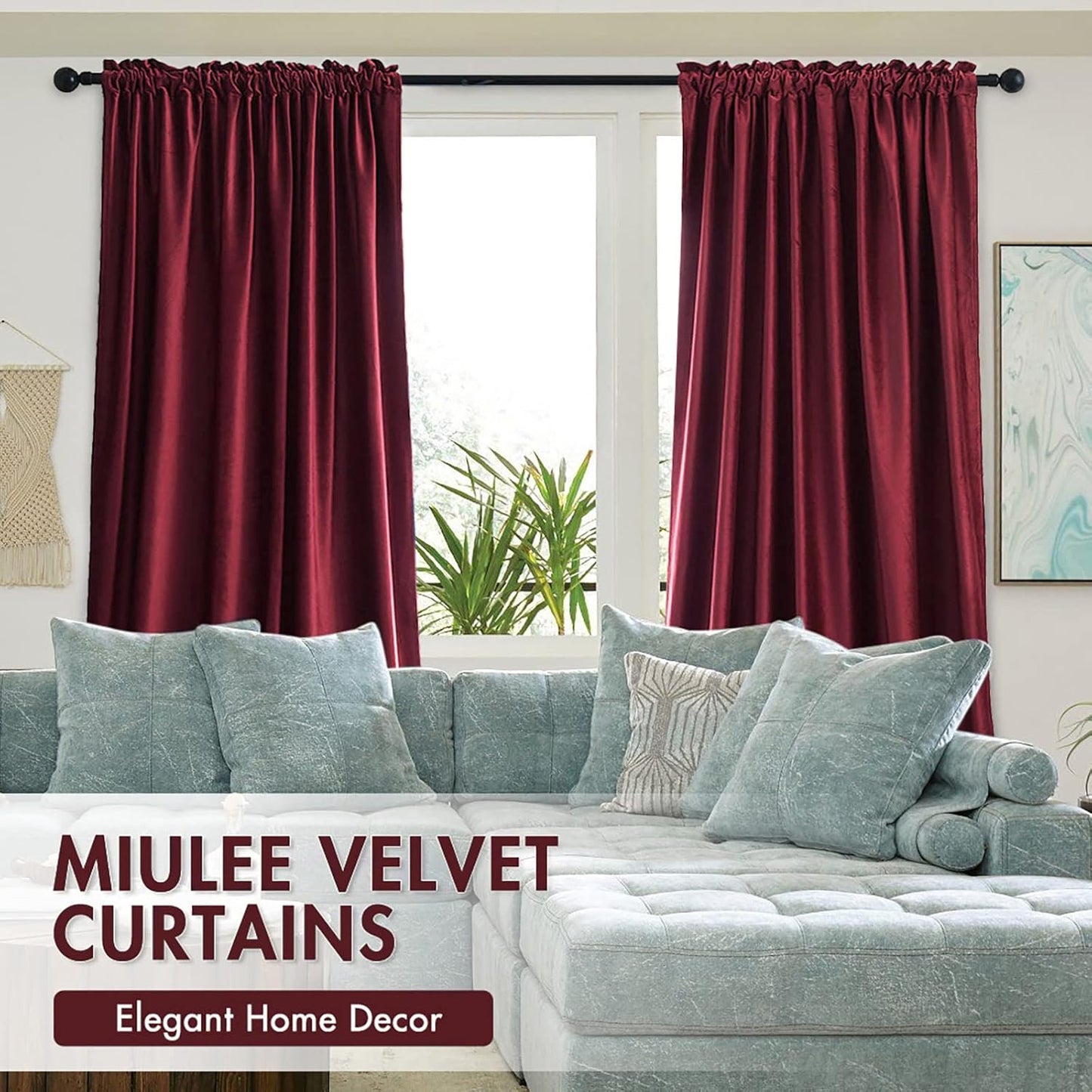 MIULEE Burgundy Velvet Curtains Thermal Insulated Blackout Curtain Christmas Drapes for Bedroom Living Room Darkening 96 Inches Long Curtains Panels Rod Pocket Set of 2