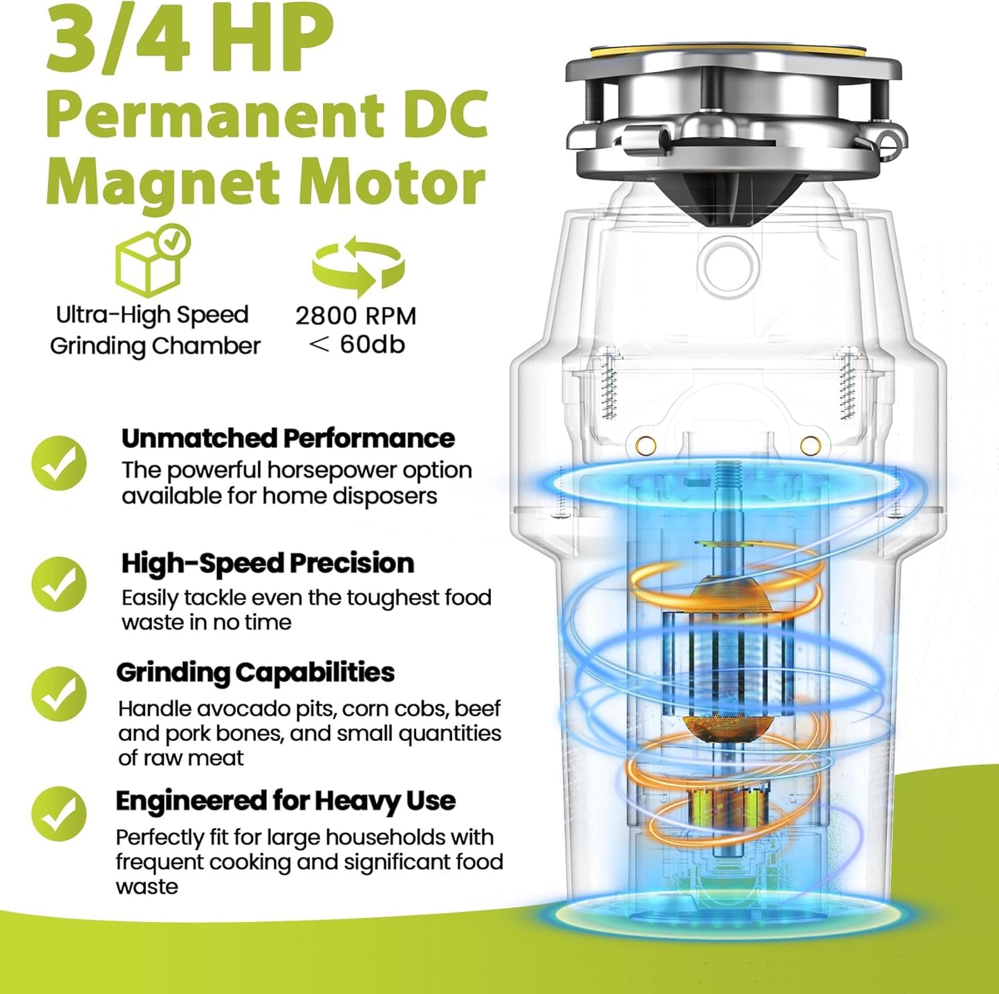 DC Garbage Disposal 3/4 HP Quiet (60dB) with Cord & Dishwasher Hookup for Kitchen Sink Food Waste, 6-Stage Grinding, 3-Bolt, 2700RPM, Continuous Feed, Titanium Stainless Steel, 10-Year Warranty