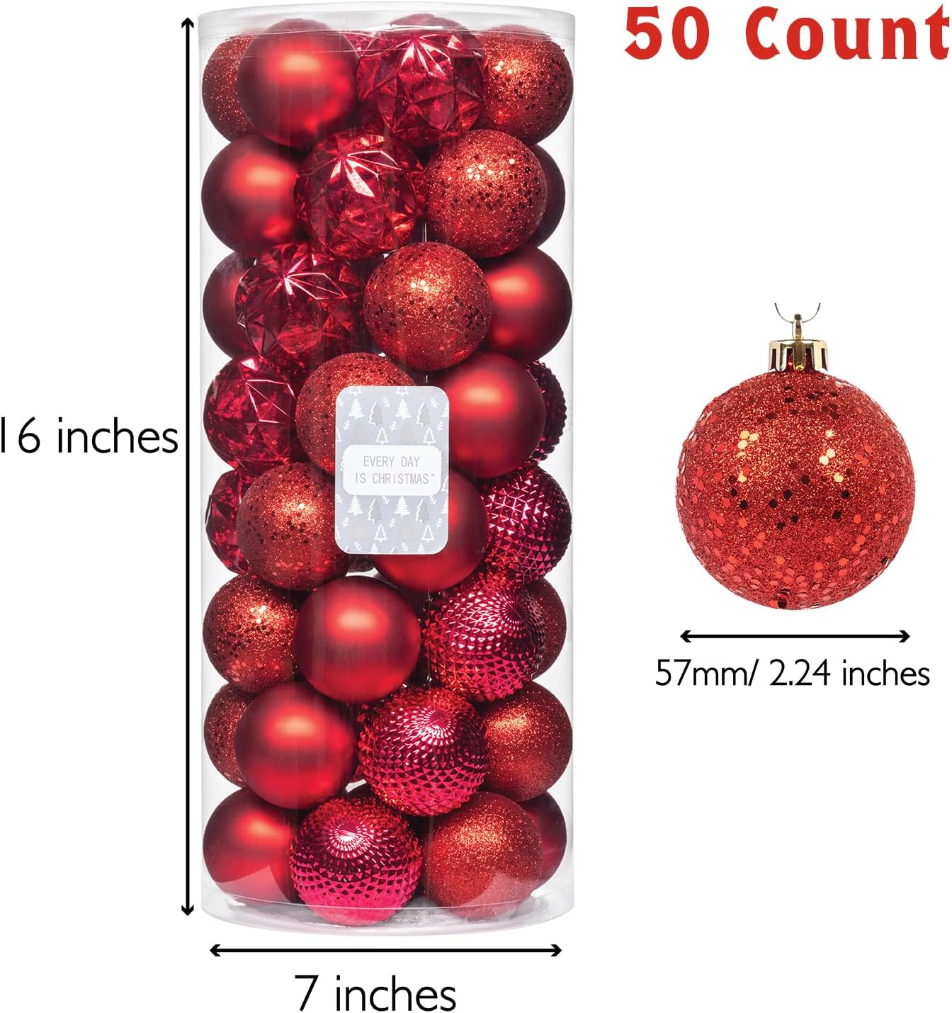 Every Day is Christmas Ornaments, Shatterproof Christmas Tree Ornament Set, Christmas Balls Decoration 50 Count (2.24"/57mm, New Red)