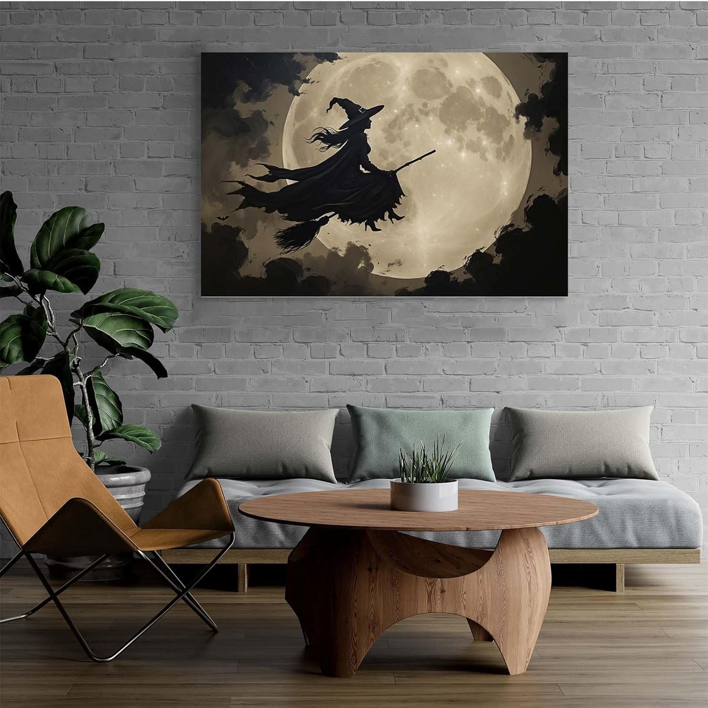 Full moon witch silhouette poster witch on magic broom Halloween mural poster decorative mural art suitable for home living room bedroom28x40in Wood Framed