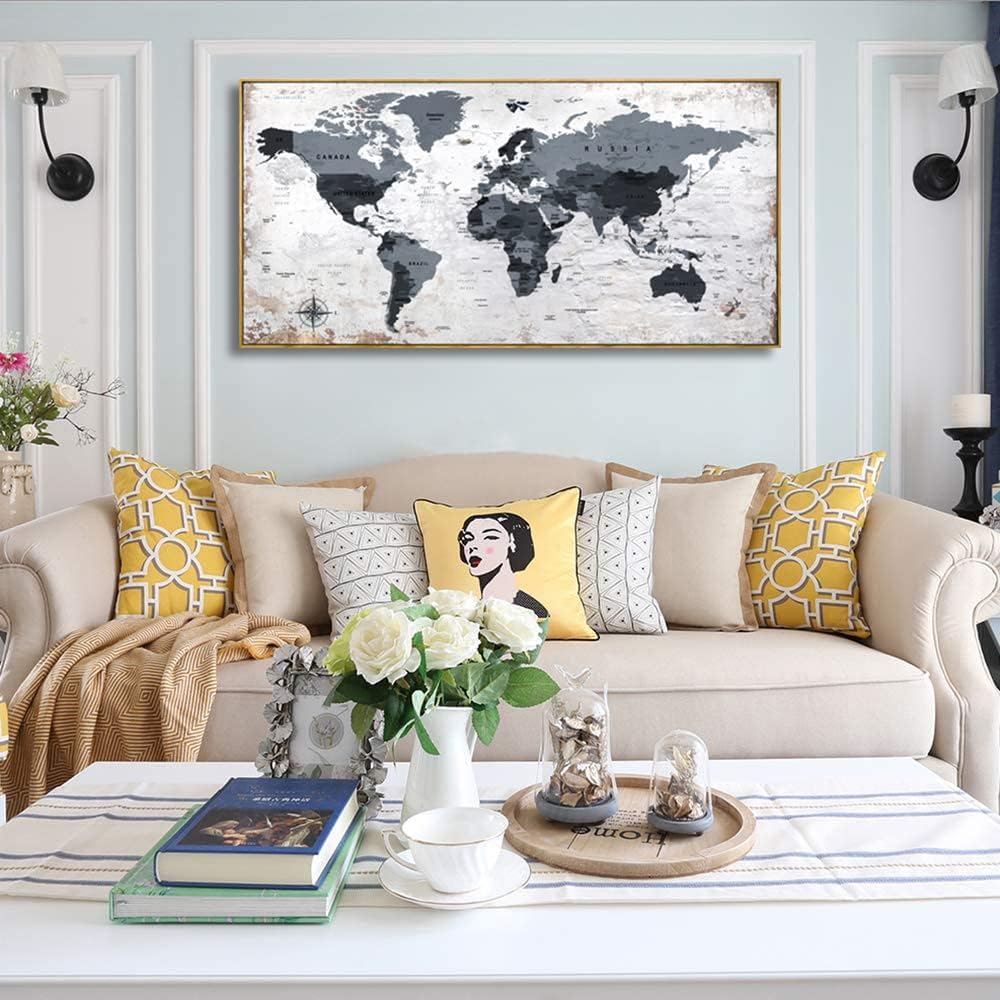 Framed wall art World Map Wall Art Canvas Picture 20inchx40inch Large Black and white Map of The World Canvas Painting Artwork Prints for Office Wall Decor Home Living Room Decorations Framed Ready to