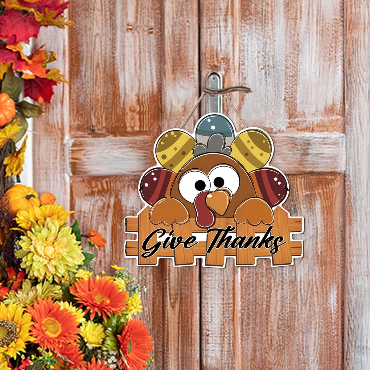 Give Thanks Sign Turkey Front Door Decor Thanksgiving Day Wood Door Hanger, Fall Wooden Thankful Wreath Hanging Decoration for Outdoor Outside Porch, Housewarming Gift