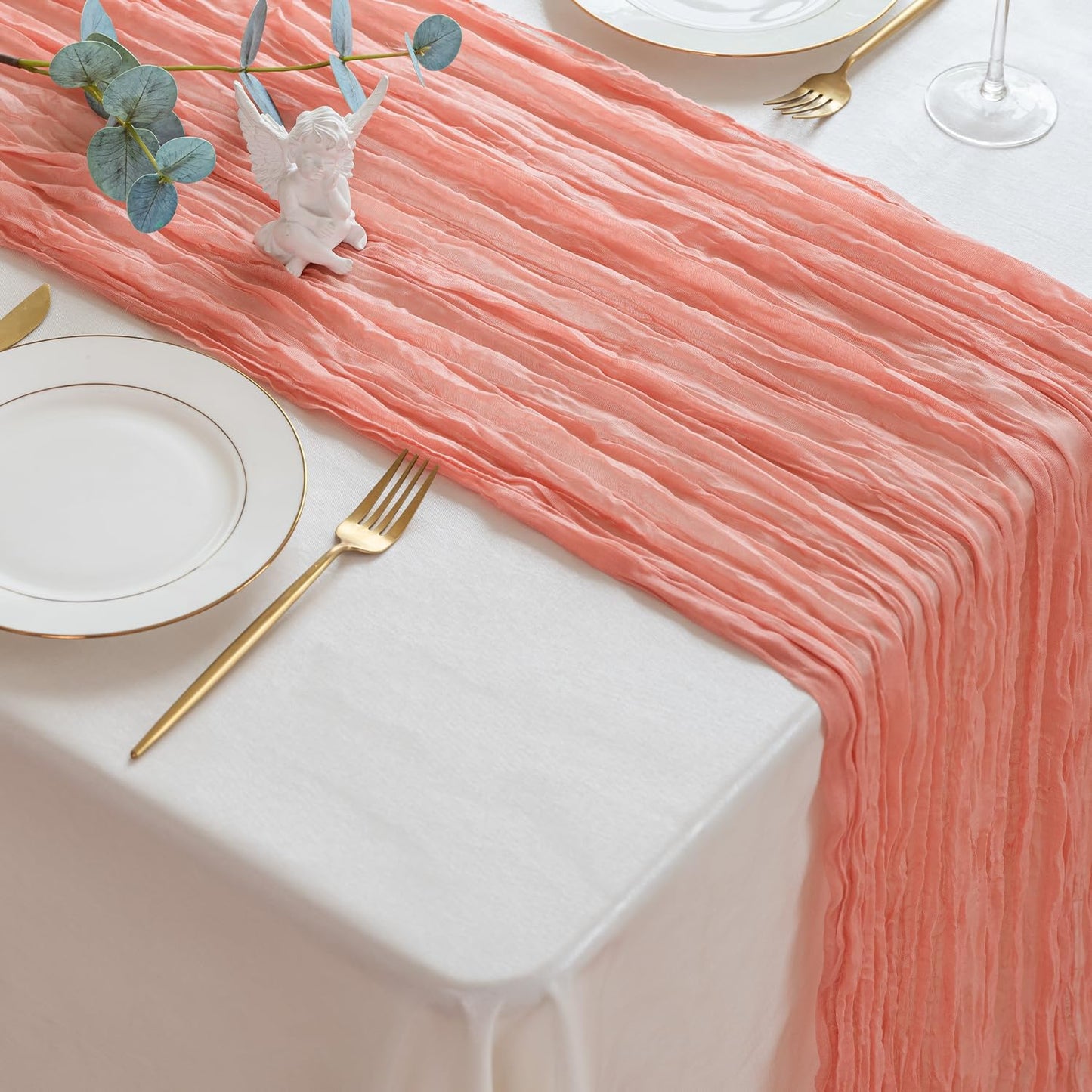 Sioloc 1 Pack Peach Coral Cheesecloth Table Runner Fall Autumn Decor for Home 10ft Table Cloth for Tea Wedding Birthday Party Baby Bridal Shower Halloween Thanksgiving