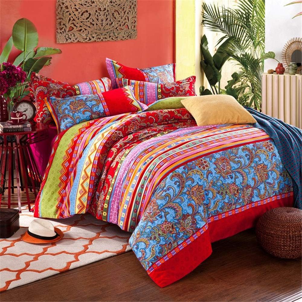 ABREEZE Bohemian Duvet Cover Set Colorful Red Boho Retro Bedding Set Damask Paisley Cotton Duvet Cover Tribal Reversible Bedding Exotic Style Comforter Cover 3-Piece Full