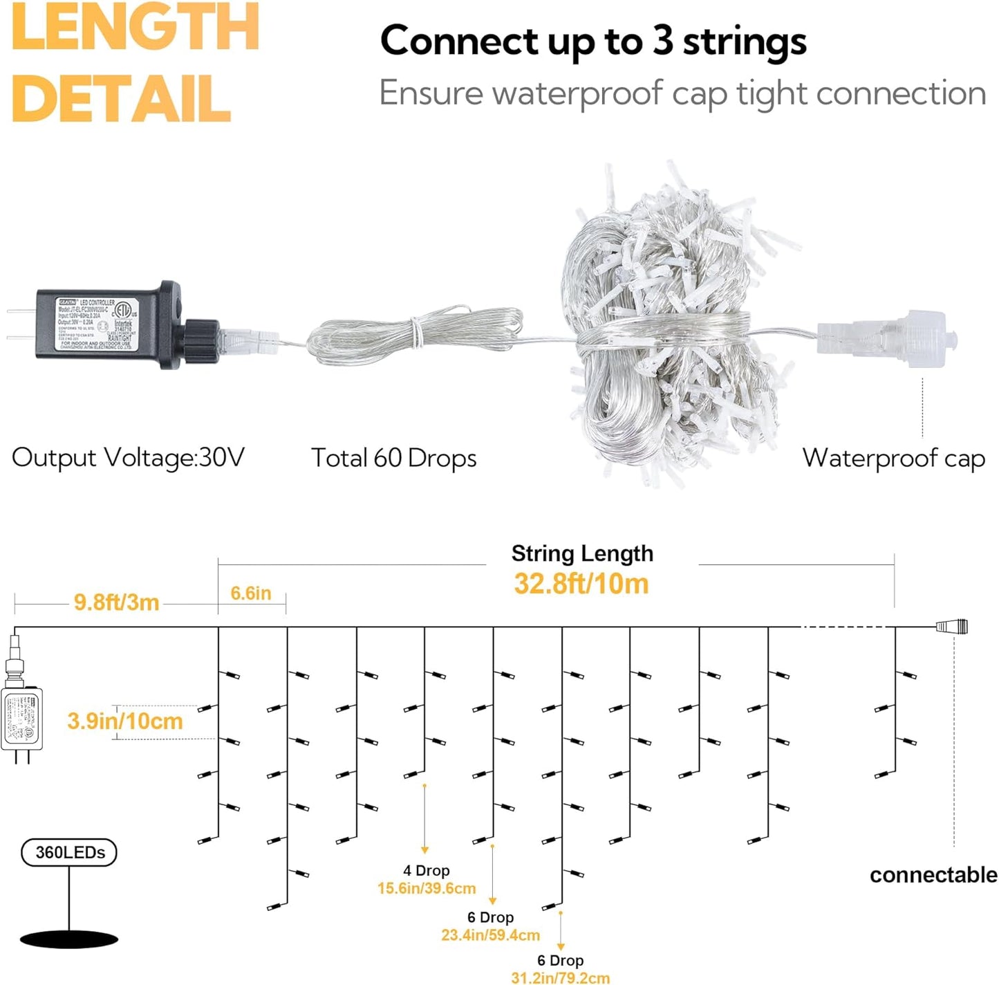 Hopolon 33FT 360L LED Christmas Icicle Lights Outdoor Waterproof,8 Modes Plug in Curtain String LIghts With 60 Drops,Christmas Lights for Wedding,Party,Bedroom,Home,Garden,Wall Decorations(Warm White)