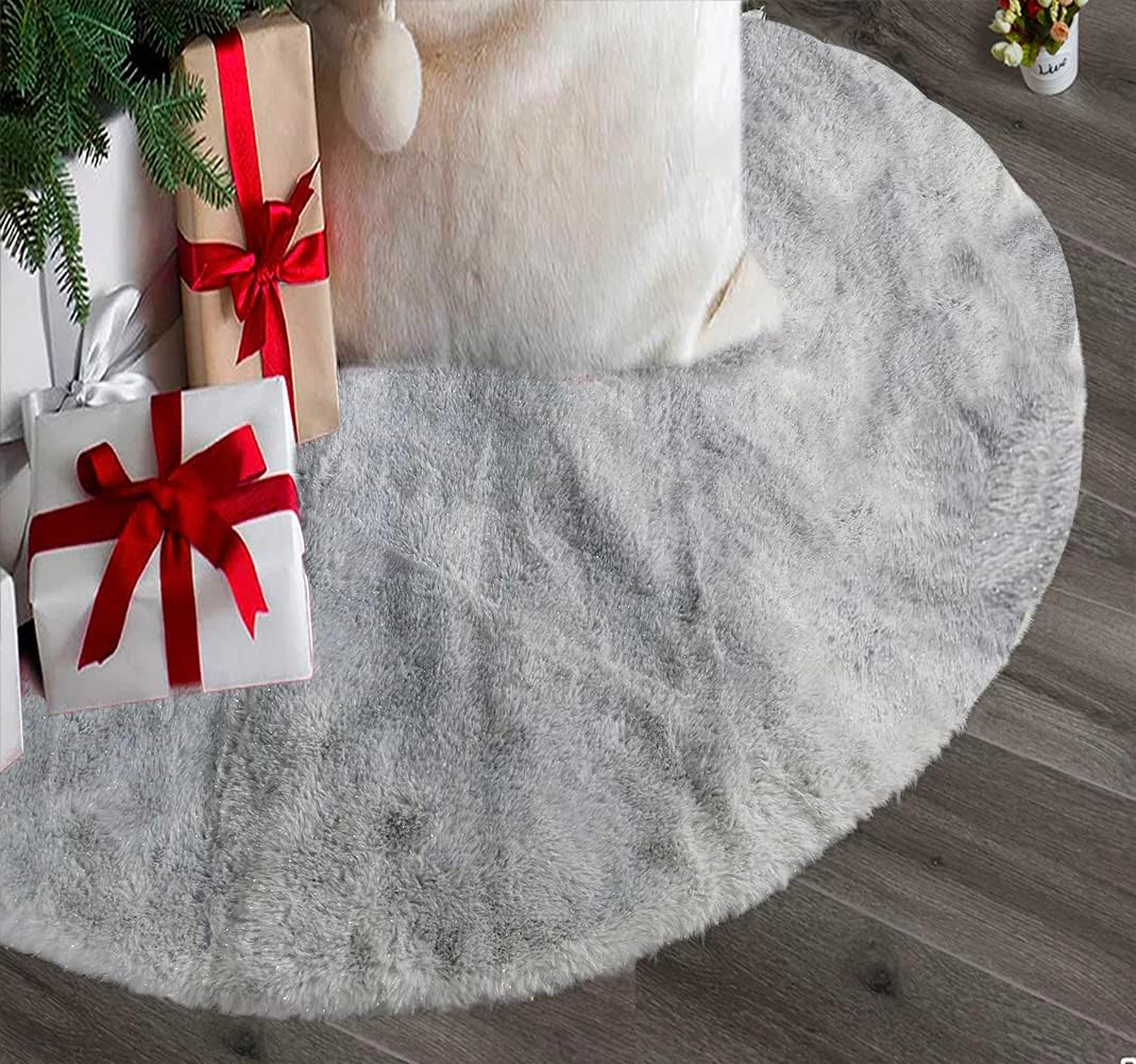 AOGU 36 Inch Faux Fur Christmas Tree Skirt Grey Shiny Plush Skirt for Merry Christmas Party Christmas Tree Decoration