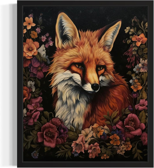Fox and Flower Poster Art Print, Halloween Scary Vintage Wall Art Academia Spooky Painting Decoration for Horror Prints, Gothic Posters Bedroom Decor 89 (Fox and Flower, 8 x 10 inches, Unframed)