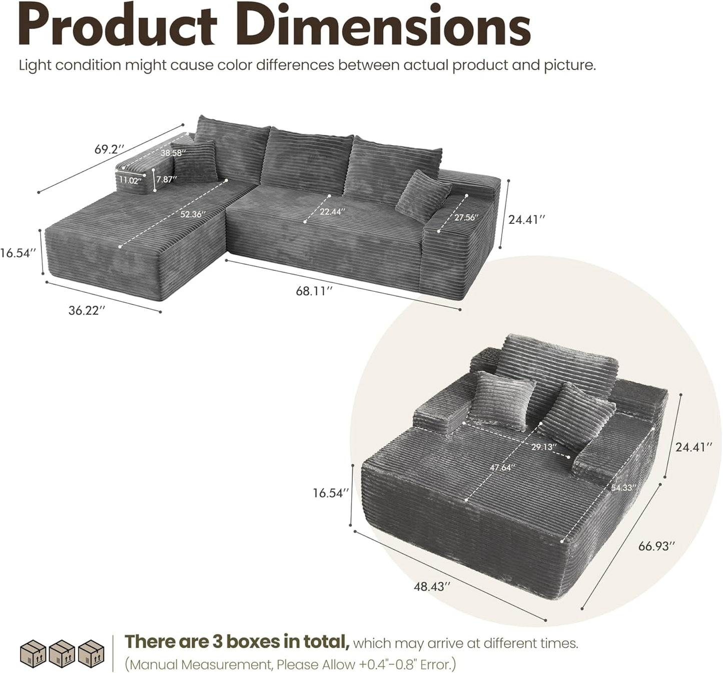 HOOOWOOO Cloud Sectional Couches for Living Room,Modular Sectional Sofa No Assembly,Plush Corduroy Large Floor Couch Furniture Set with Deep Seat Left L Shape and Chaise Lounge(Gray)