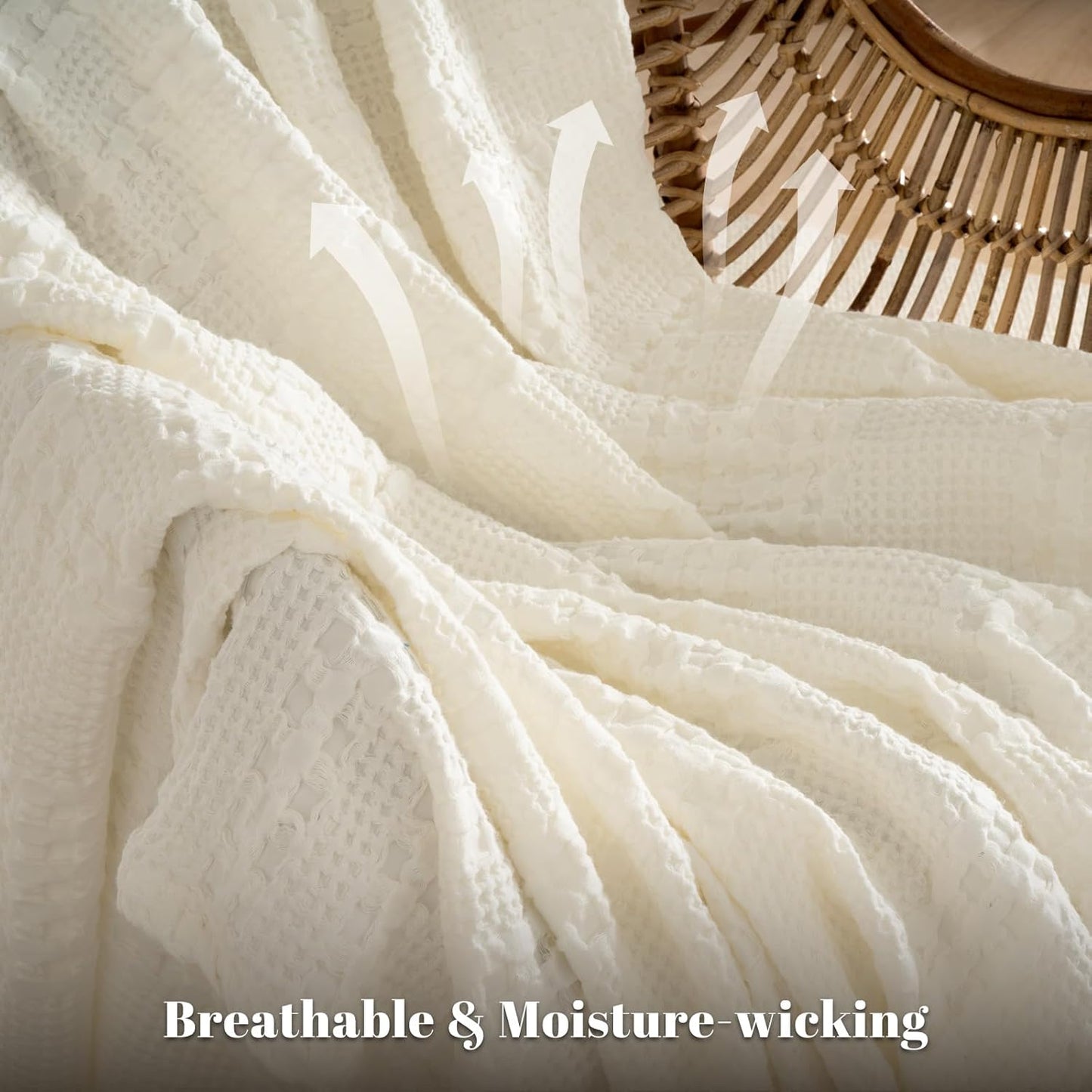 PHF 100% Cotton Waffle Weave Blanket Twin Size, Soft Lightweight Breathable Cozy Summer Blankets for Bed, Luxury Aesthetic Woven Bedding for Home Decor, 66"x90", Ivory