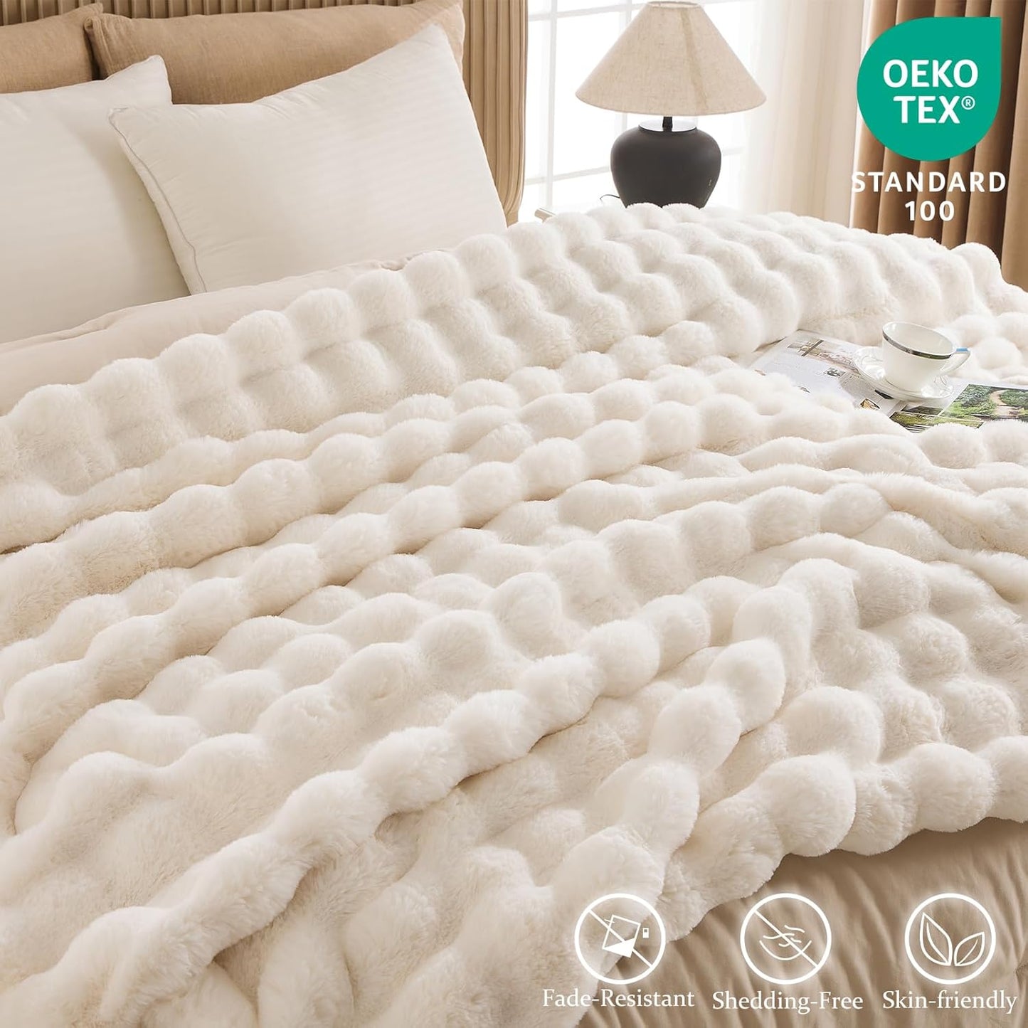 Cozy Faux Fur Throw Blanket for Bed-Warm Fuzzy Throw Blanket, Soft Plush Thick Bubble Blankets for Bedroom and Living Room, Furry Luxury Blanket, 90 x 108, Cream
