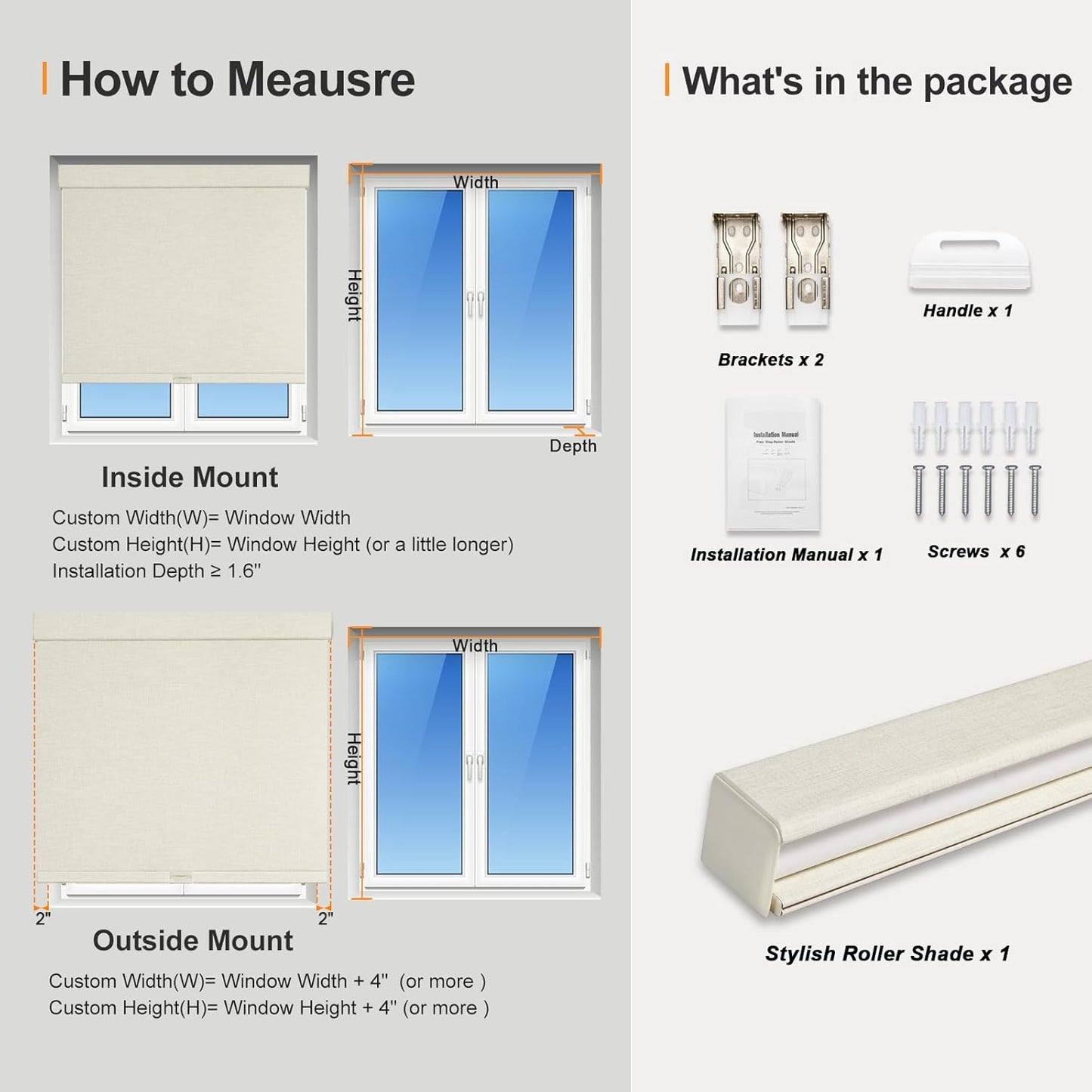 Persilux Blackout Shades for Windows Cordless Roller Blinds, Roller Windows Shades for Home with Fabric Attached Valance, UV Protections Easy Installation for Door/Office, Limestone(74" W x 84" H)