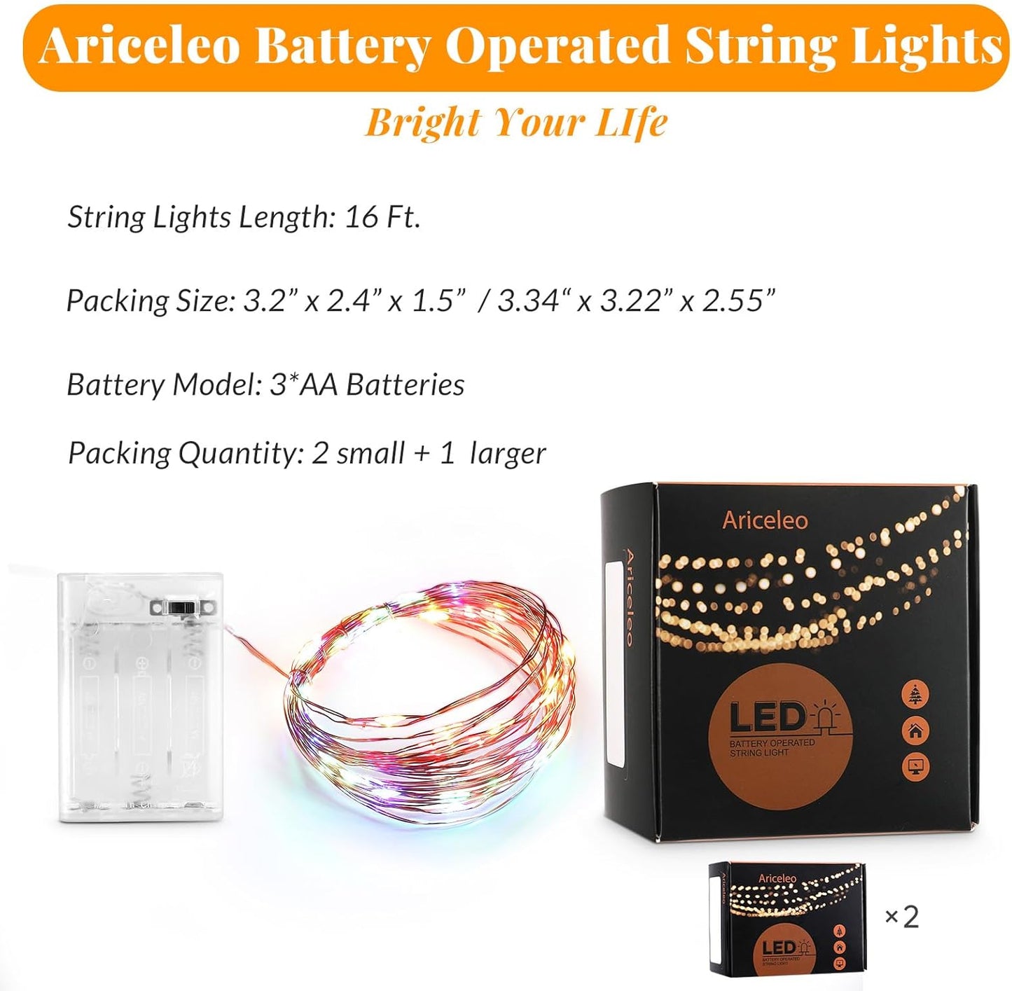 Led Fairy Lights Battery Operated, 2 Packs Mini Battery Powered Copper Wire Starry Fairy Lights for Bedroom, Christmas, Parties, Wedding, Centerpiece, Decoration (5m/16ft Multi-Colored)