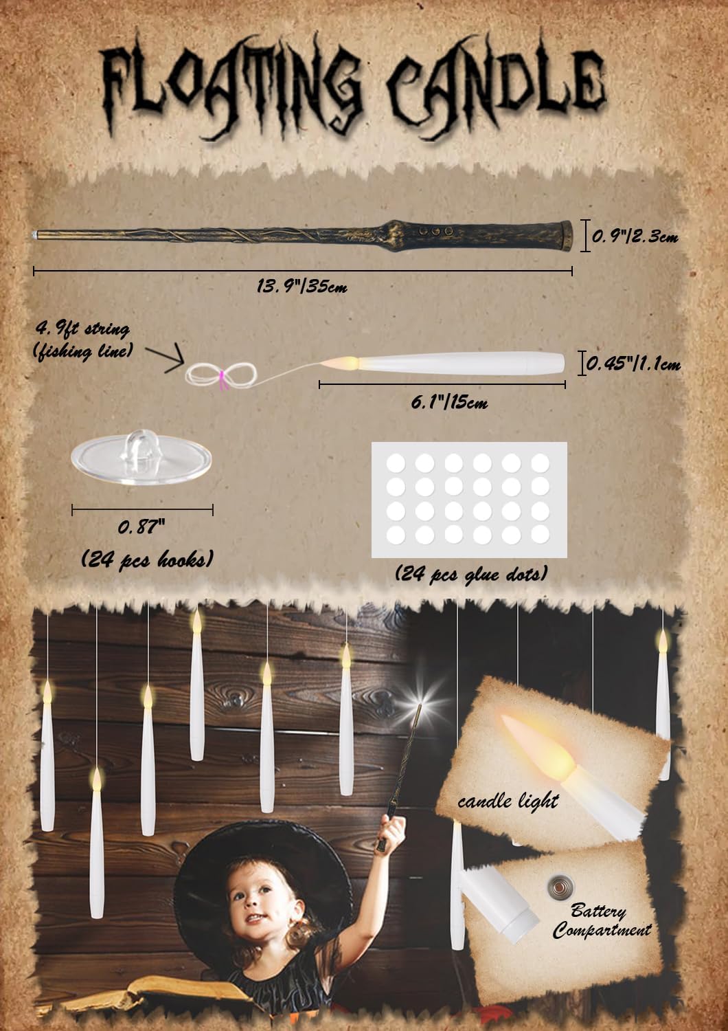 GenSwin 22pcs Flameless Floating Candle with Magic Wand Remote Timer, Battery Operated Hanging Window Candles Flickering, 6.1" LED Electric Candles for Christmas Halloween Decorations(White)