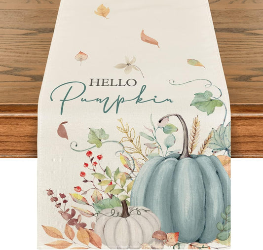 Artoid Mode Aqua Hello Pumpkin Leaves Fall Table Runner, Seasonal Autumn Kitchen Dining Table Decoration for Home Party Decor 13x120 Inch