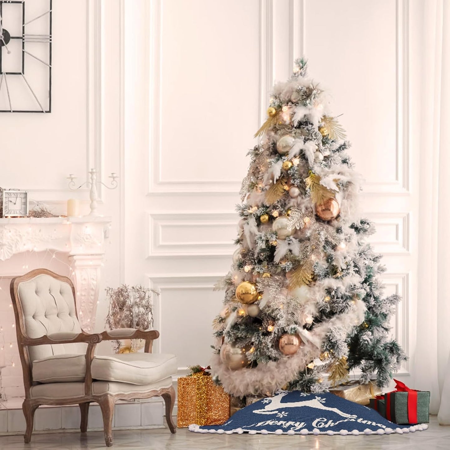 48 Inch Christmas Tree Skirt, Burlap Blue Christmas Rustic Tree Skirt with Elk Deer and White Snowflake Printed for Holiday Party Xmas Tree Decoration