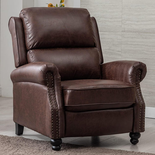 CANMOV Pushback Recliner Chair Faux Leather Armchair Push Back Recliner with Rivet Decoration Single Sofa Accent Chair for Living Room, Reddish Brown