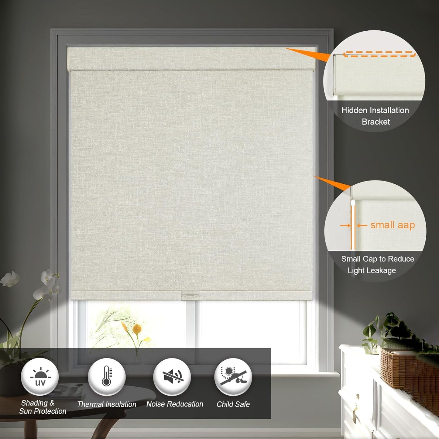 Persilux Blackout Shades for Windows Cordless Roller Blinds, Roller Windows Shades for Home with Fabric Attached Valance, UV Protections Easy Installation for Door/Office, Limestone(86" W x 72" H)