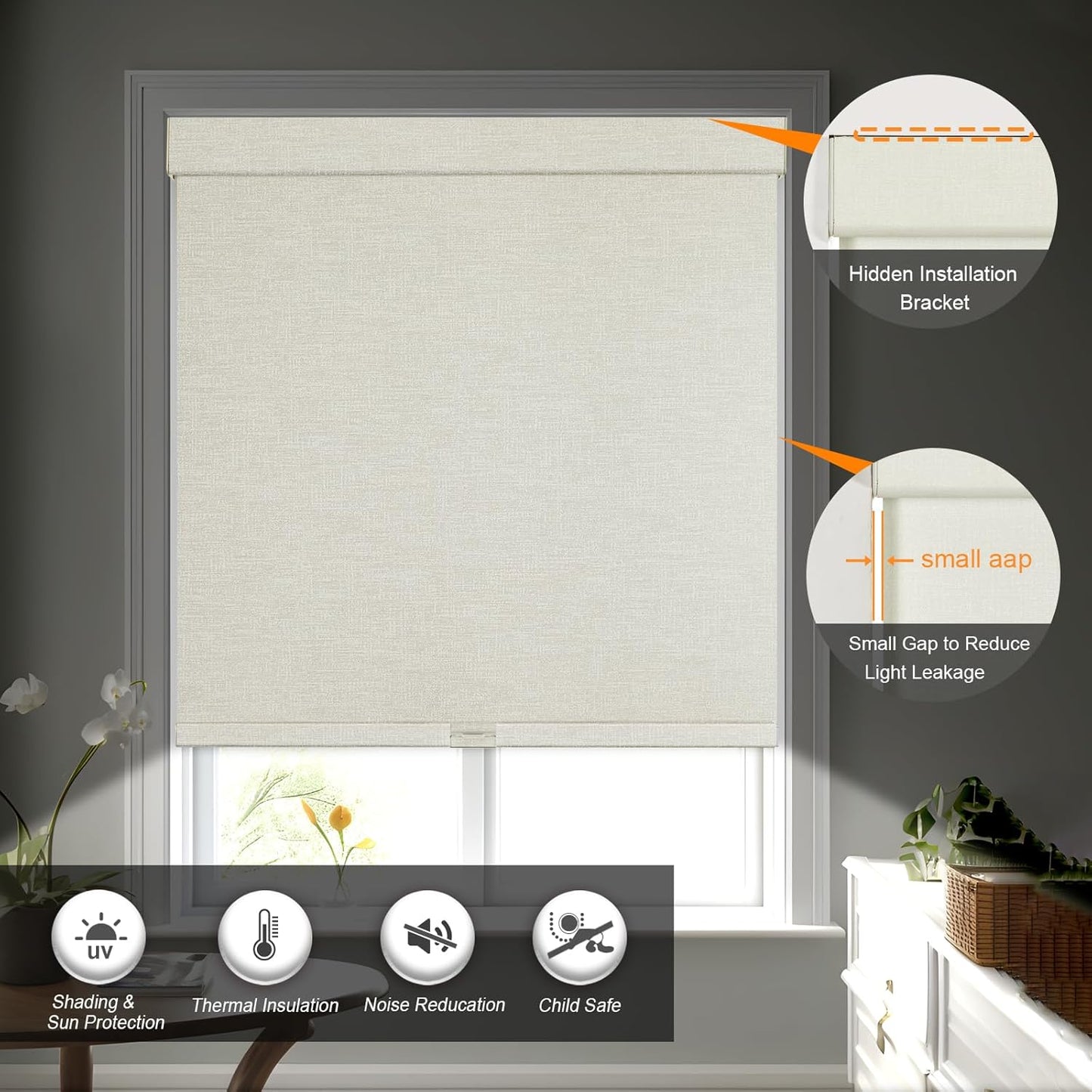 Persilux Blackout Shades for Windows Cordless Roller Blinds, Roller Windows Shades for Home with Fabric Attached Valance, UV Protections Easy Installation for Door/Office, Limestone(72" W x 56" H)