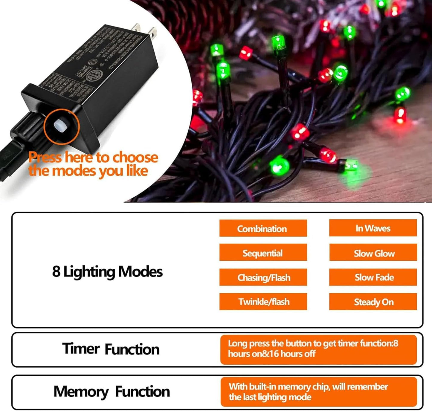 75.8 FT 200 LED Red and Green Christmas Lights Indoor Outdoor, Timer & Memory Function & 8 Modes, Extendable Green Wire, Waterproof Fairy Twinkle String Light for Xmas Tree Holiday Party Garden Yard