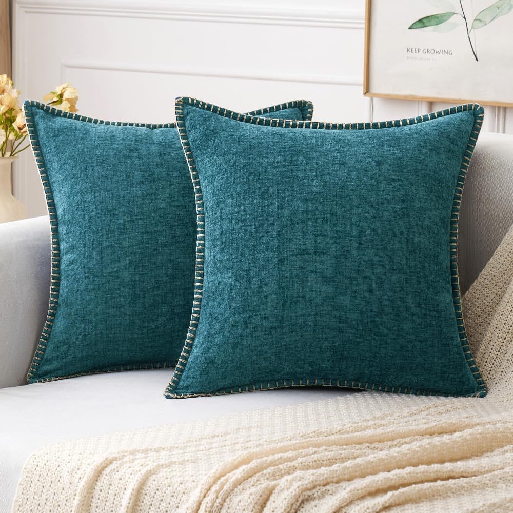 MIULEE Pack of 2 Couch Throw Pillow Covers 16x16 Inch Dark Teal Farmhouse Decorative Pillow Covers with Stitched Edge Soft Chenille Solid Dyed Spring Pillow Covers for Sofa Bed Living Room