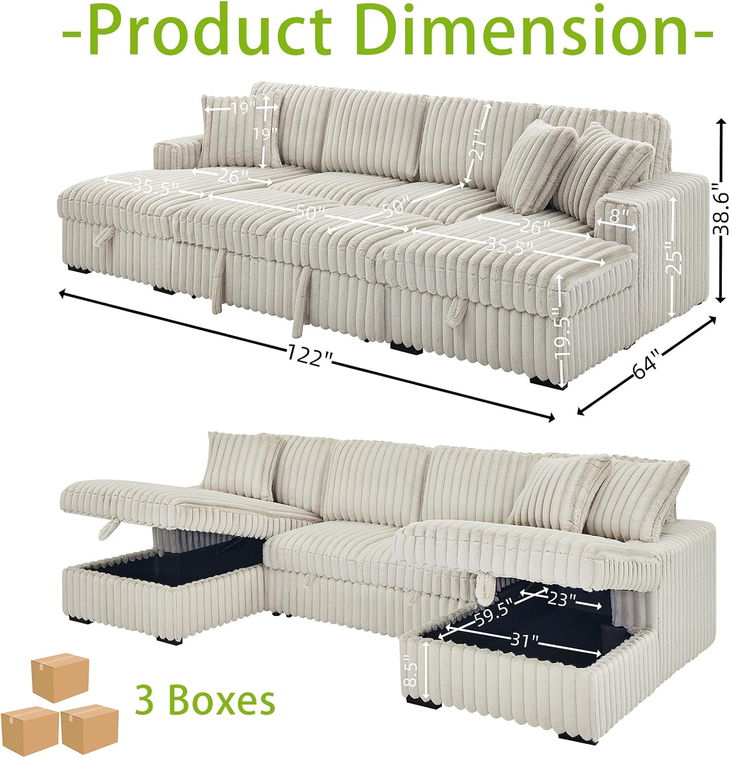 THSUPER Oversized U Shaped Plush Corduroy Fluffy Sectional Sleeper Sofa with Pull Out Bed and Double Storage Chaise for Living Room - Beige