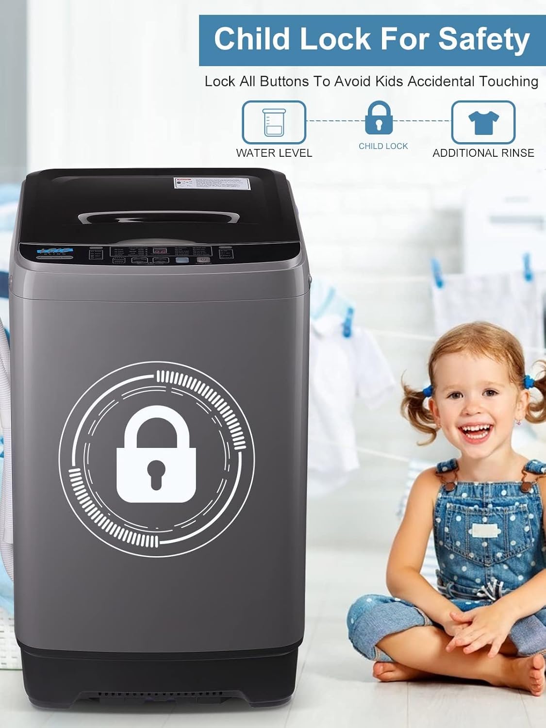 Full-Automatic Washing Machine 17.7 lbs Small Compact Portable 10 Wash Program & 8 Water Level Compact Washer with LED Display Ideal for Apartments, RV, Camping, Grey (KB03-GREY6)