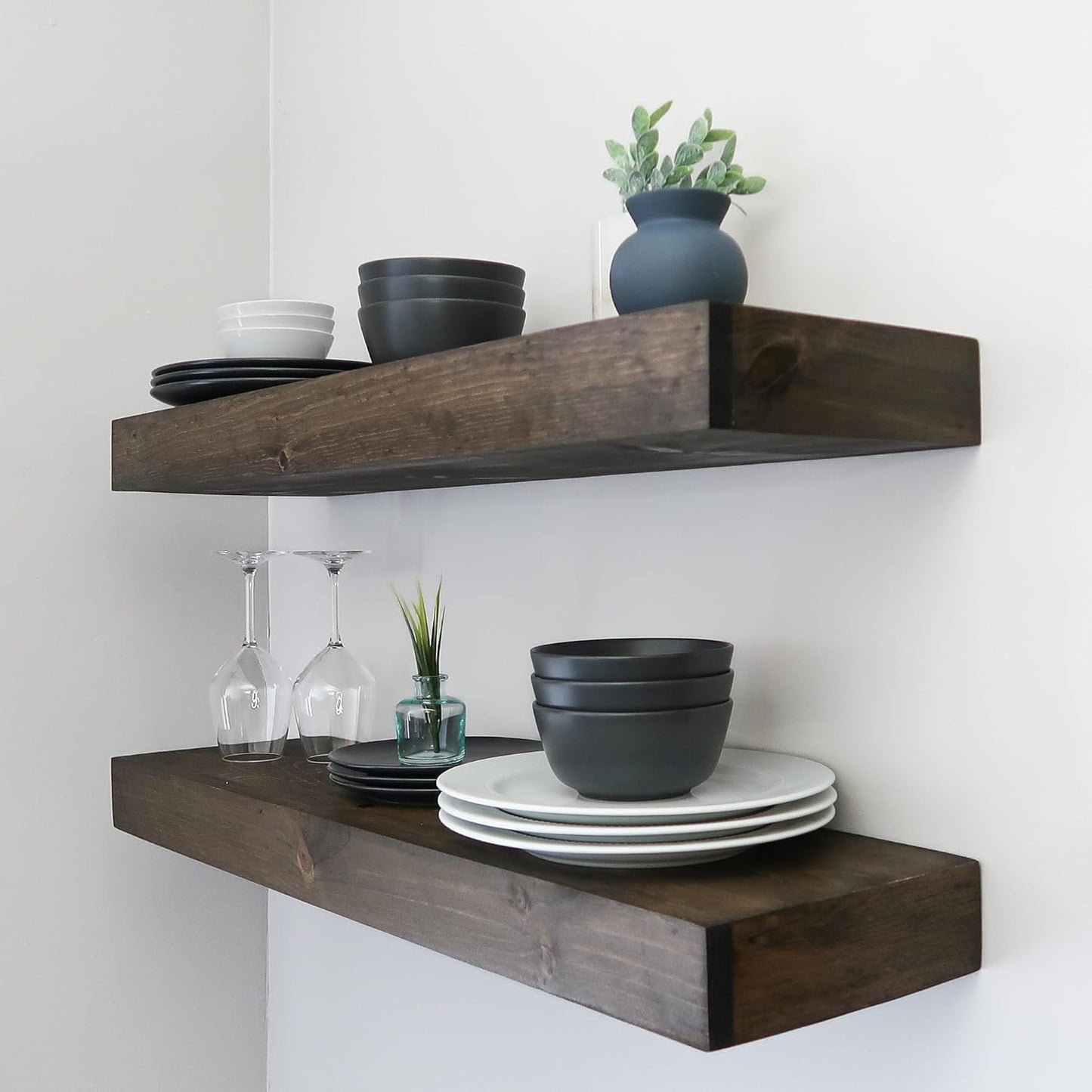 Modern Floating Shelves 3 Inches Thick for Wall, Wide Shelves for Kitchen, Living Room, Bedroom, and Bathroom, Natural Pine Wood, Rustic Wooden Shelf, (Set of 2) (Jacobean, 60Lx3Hx8D)