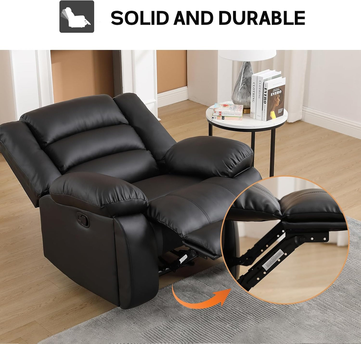 EBELLO Faux Leather Manual Recliner Chair, Single Reclining Sofa Chair Couch with 2 Concealed Cup Holders, Overstuffed Armrest Backrest for Living Room, Bedroom, Meeting Room, Black