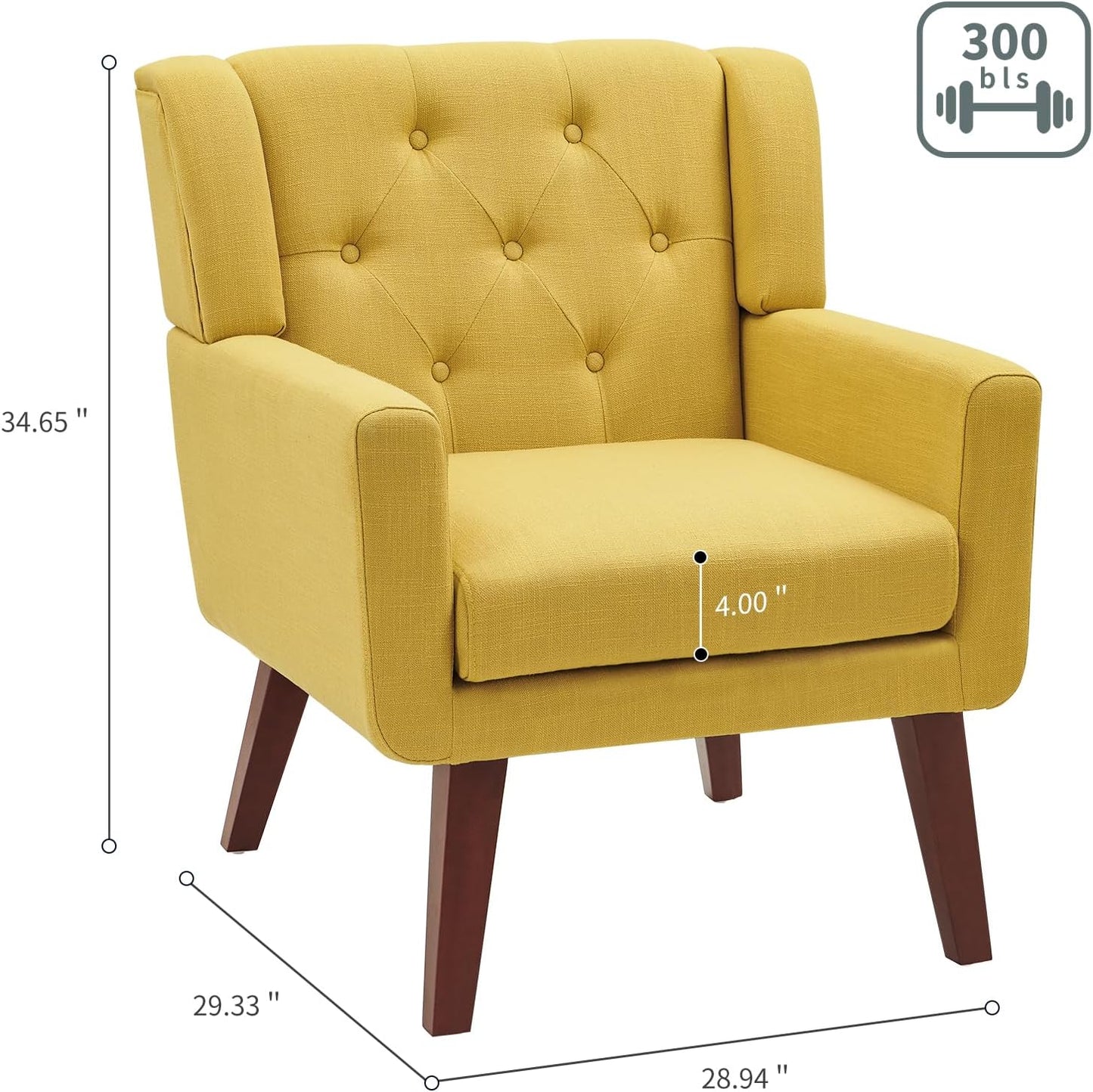 Accent Chairs Set of 2, Button-Tufted Upholstered Living Room Chairs Set of 2, Comfy Reading Chair Mid Century Modern Chairs with Linen Fabric Lounge Arm Chairs for Bedroom (Bright Yellow)