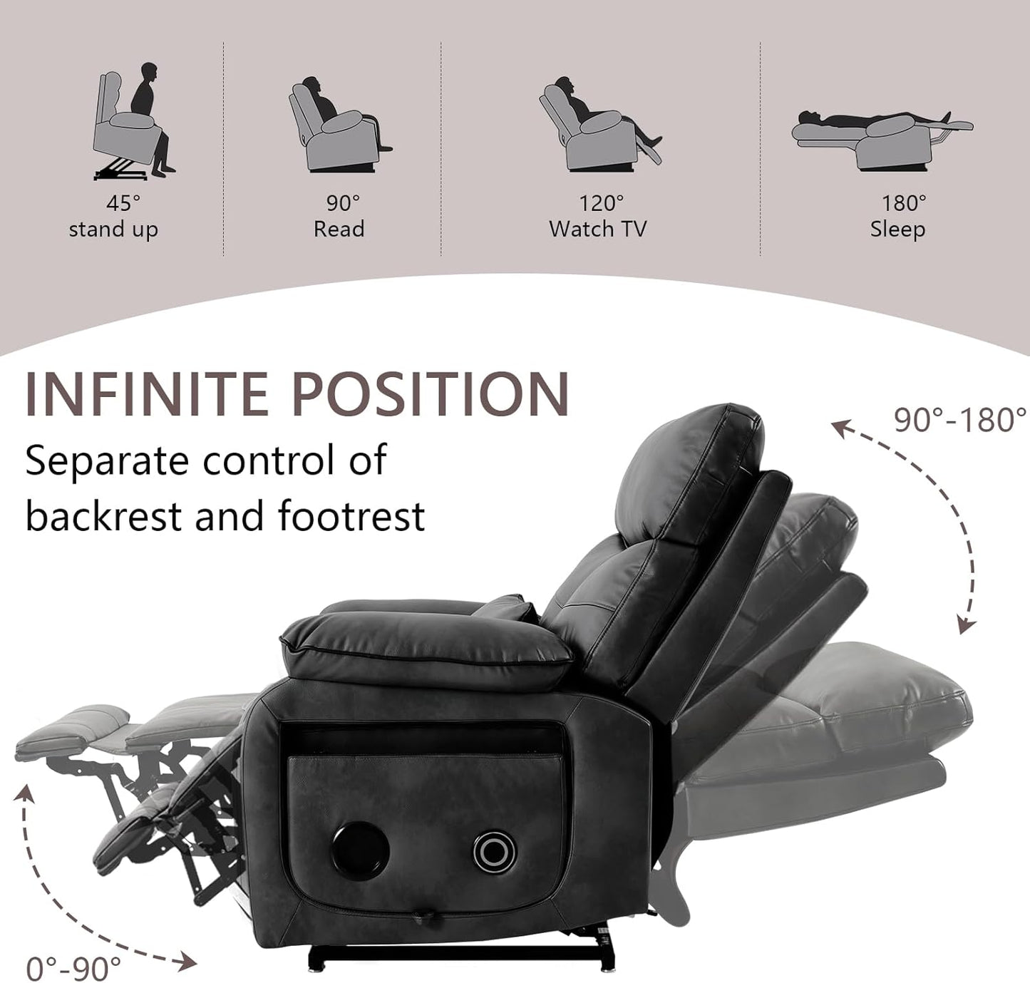 Dual Motor Power Lift Recliner Chair for Adult & Elderly, Infinite Position Lay Flat Lift Chair with Heat & Massage, Cup Holder, Lumbar Pillow, Wireless Charger, USB Ports, Leather (Silver Grey)