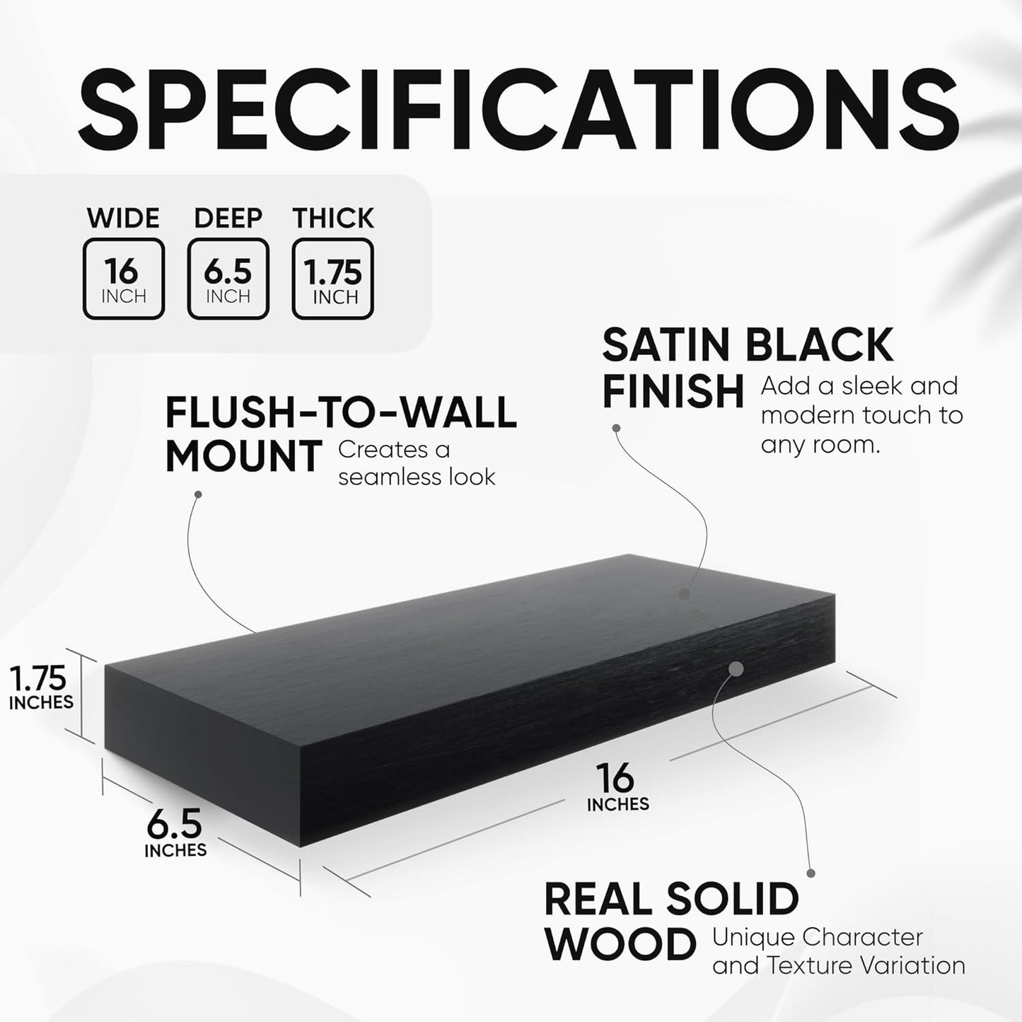 Homeforia 16 inch Black Floating Shelves, High End Solid Real Wood 16inch Bathroom Floating Shelves for Wall Mounted, 16in Wooden Small Floating Shelf, Heavy Duty Bracket, 16 X 6.5 X 1.75 in, Set of 3