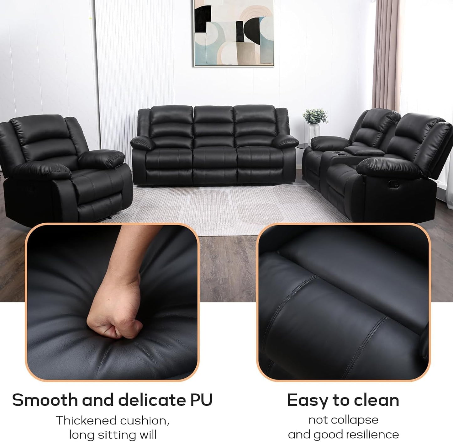 EBELLO Manual Faux Leather Recliner Sofa Set, Recliner Chair, Loveseat Reclining Sofa and 3 Seat Sofa, Couch Set for Living Room, Bedroom, Meeting Room, Black
