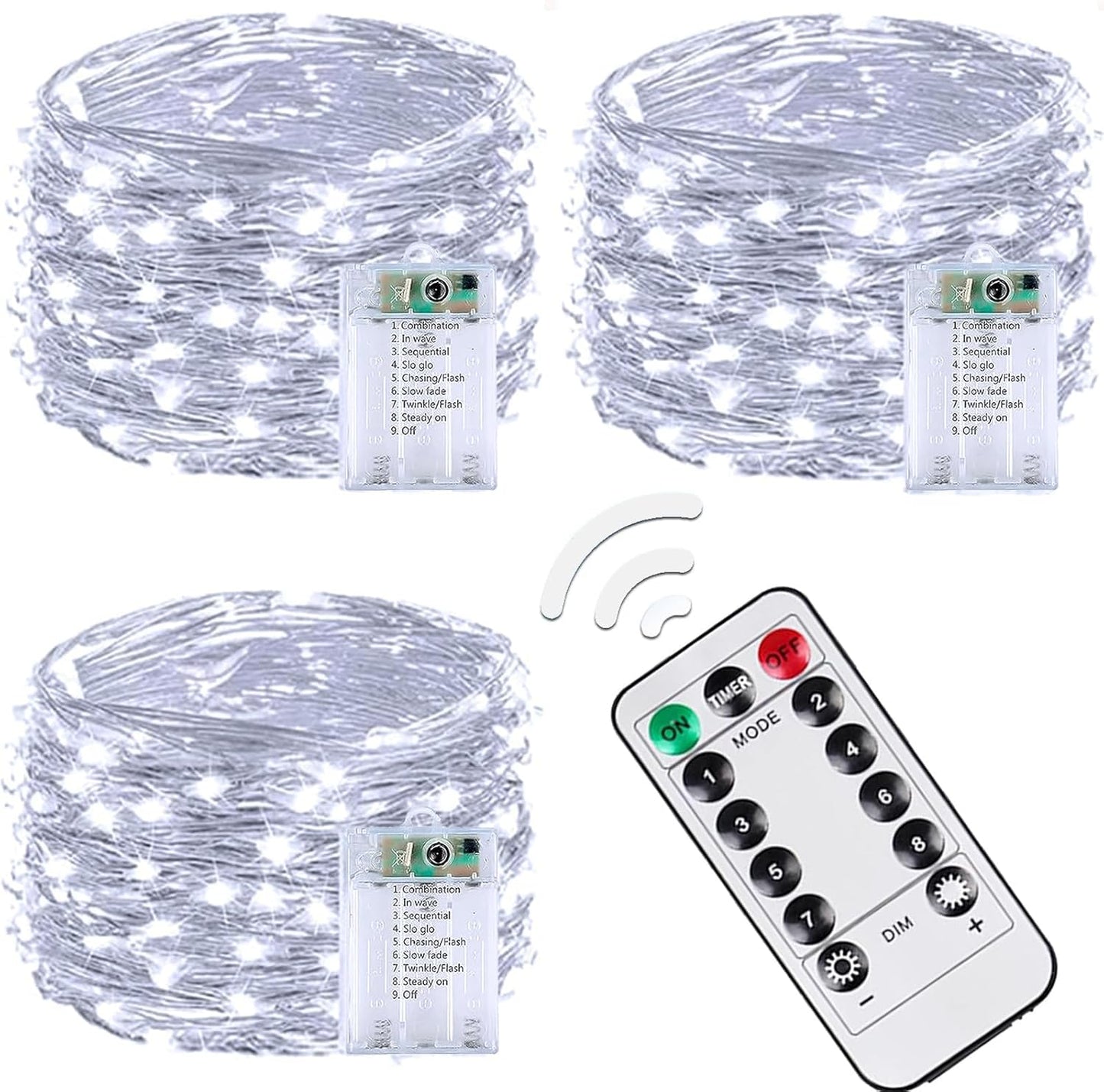 3 Pack 60LED Battery Operated Fairy Lights with Remote, 8 Modes LED String Lights with Timer, Dimmable, Memory Function, Waterproof Twinkle Fairy Lights for Outdoor Indoor Christmas Decor(Cool White)