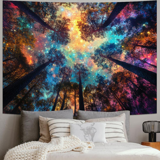 Amhokhui Colorful Forest Tapestry Nature Landscape Tapestry Mysterious Sky Tapestries Psychedelic Aesthetic Starry Night Tapestries Trippy Galaxy Space Wall Hanging Decor for Home