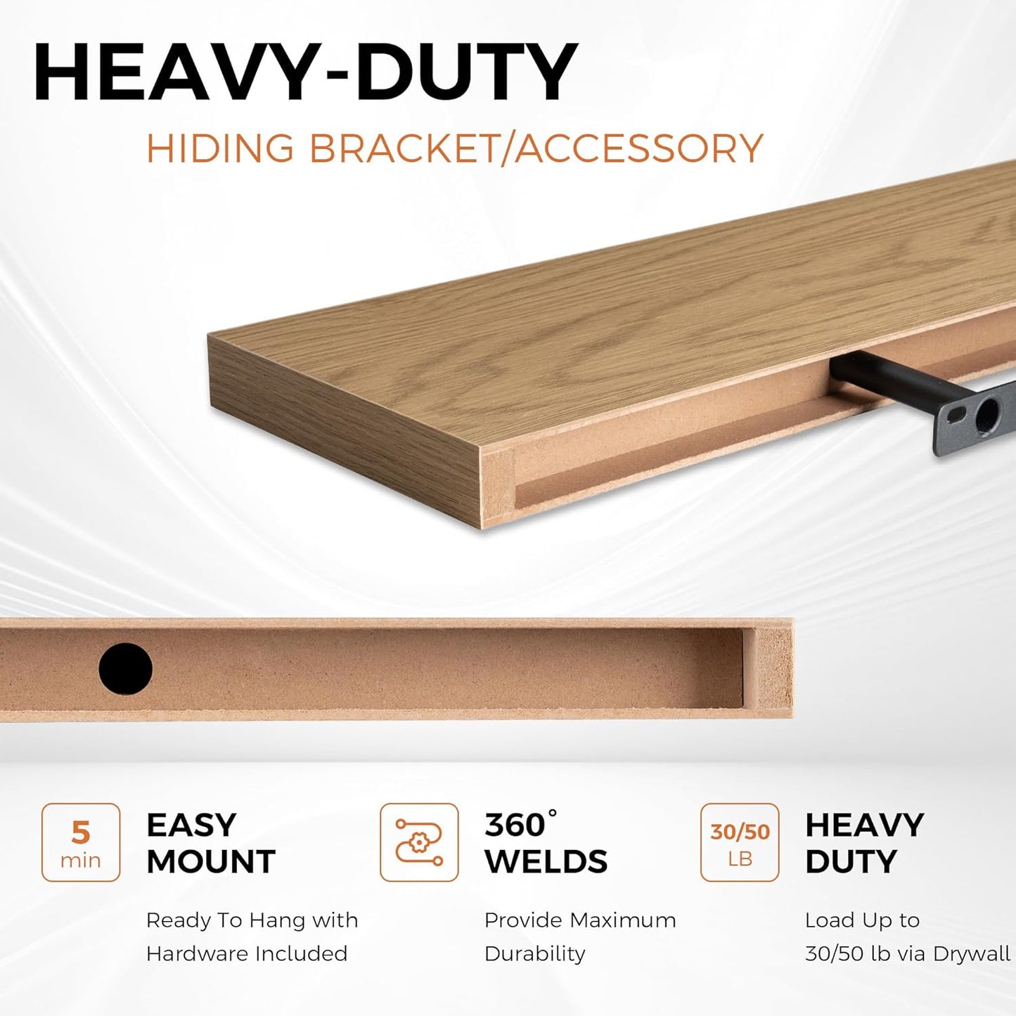 Fun Memories Floating Shelves for Wall, 32" Rustic Wood Deep Wall Mounted Shelves with Invisible Brackets for Decor & Storage, Floating Shelf for Living Room, Bathroom (Oak, Set of 2)