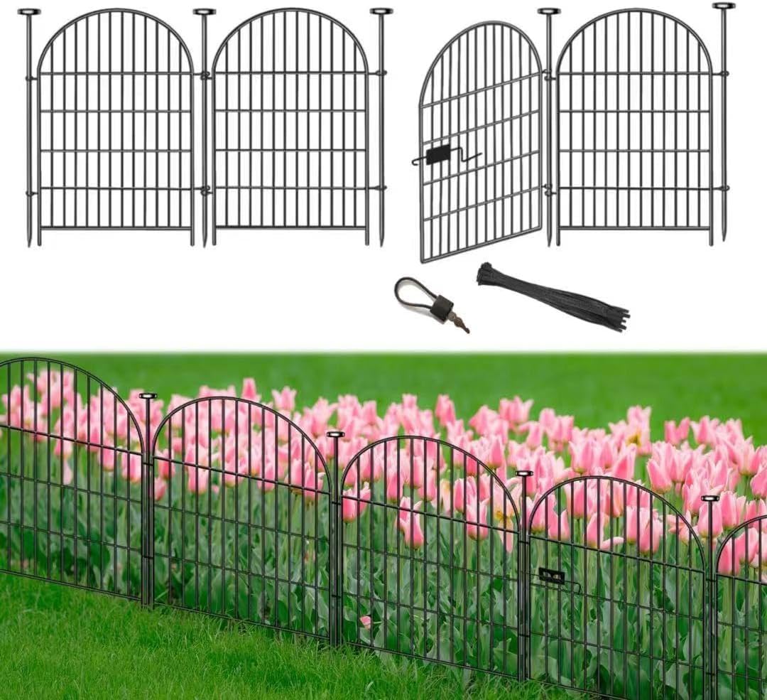 Garden Fence Border 36 in(H) x8.8 Ft(L), 4 Panels Dog Fence Outdoor for Yard, Tall Garden Animal Barrier Fence with Gate, Arched Rustproof Metal No Dig Fence, Flower Bed Fencing