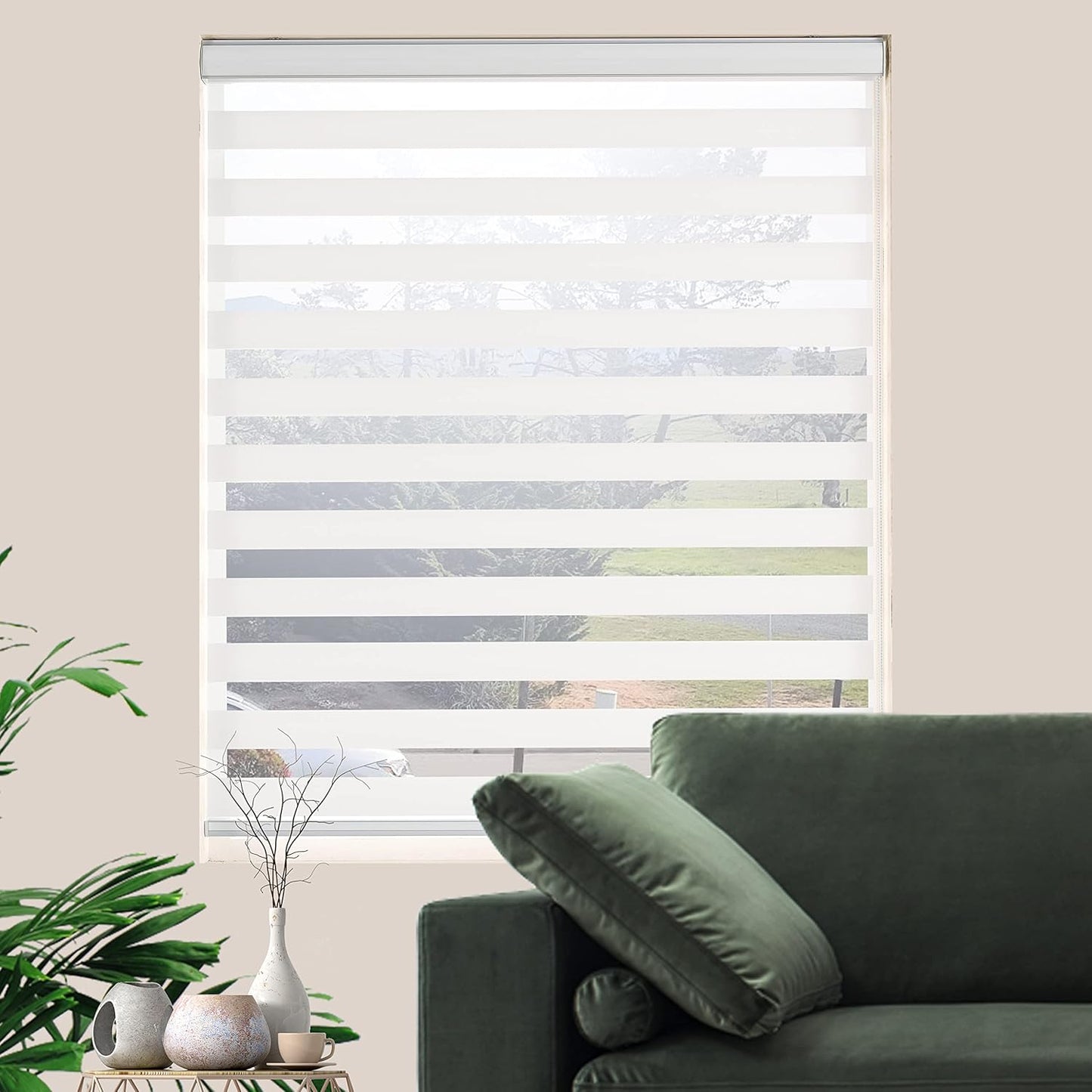 Zebra Blinds for Windows Dual Layer Light Filtering Privacy Free-Stop Sheer Shades Light Control for Indoor Windows Zebra Shades for Living Room(51" W X 72" H, White)