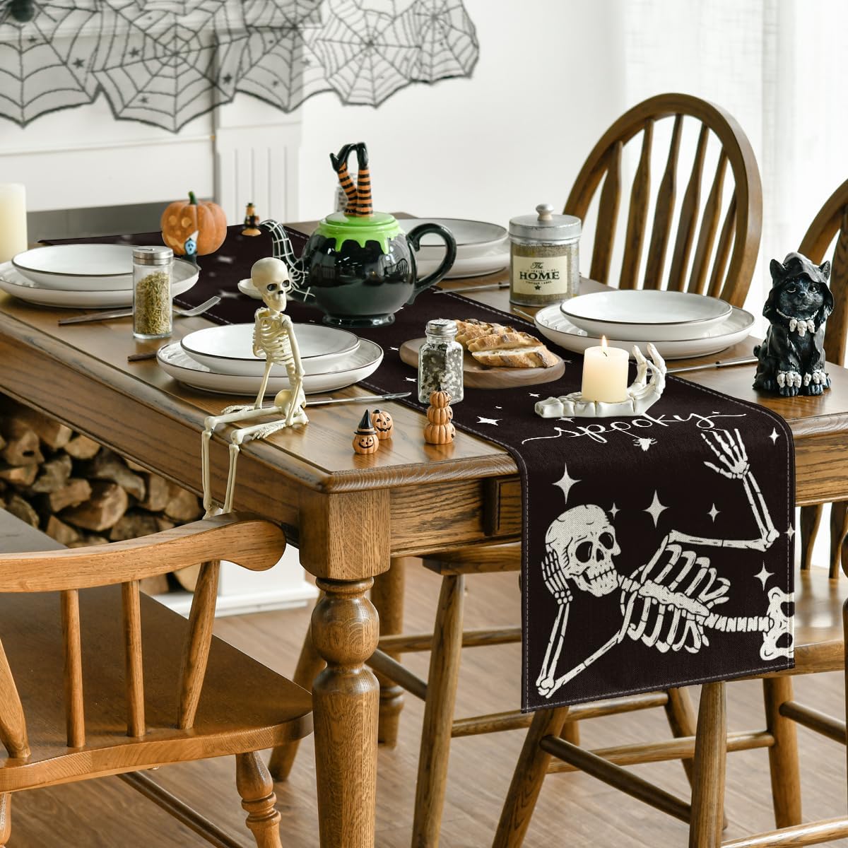Artoid Mode Spooky Skeleton Spider Bone Halloween Table Runner, Holiday Kitchen Dining Table Decoration for Home Party Decor 13 x 72 Inch