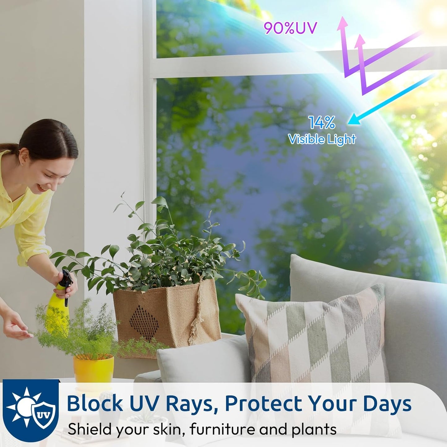 rabbitgoo Window Privacy Film One Way Window Tint for Home, Removable Reflective Heat Sun Blocking Anti UV Glass Door Covering, Mirror Tinting Film House Office, 35.4 in X 32.8 Feet, Blue Silver