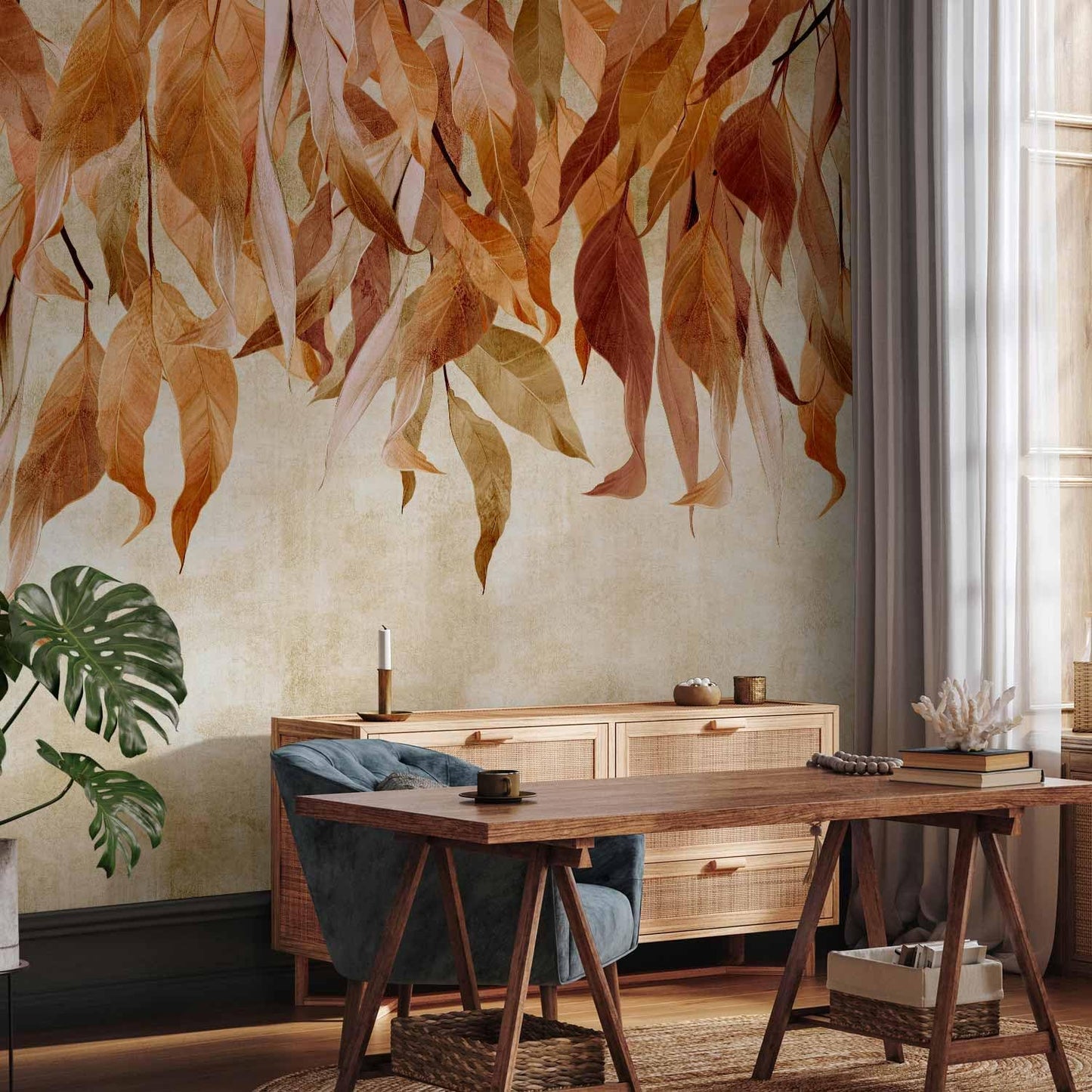 artgeist Wall Mural Hanging Leaves 79x55 in - Non-Woven Wallpaper Fleece Wall Decor Photo Print Picture Image Design Nature Botanical Concrete Orange Beige b-C-10146-a-c