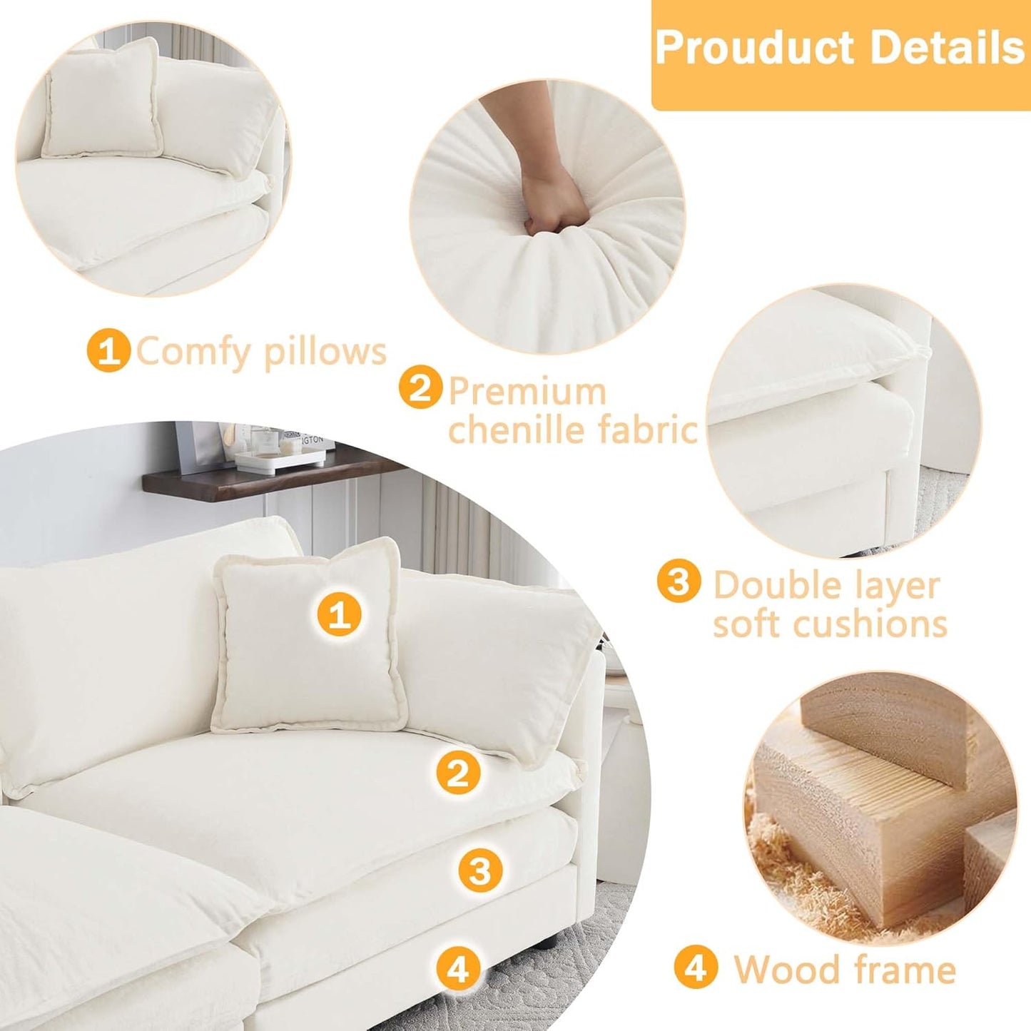 Sectional Sofa 4 Seater with Movable 2 Ottomans,Oversized Modular Couch Deep Seat (Beige, 146.5 inch-U)